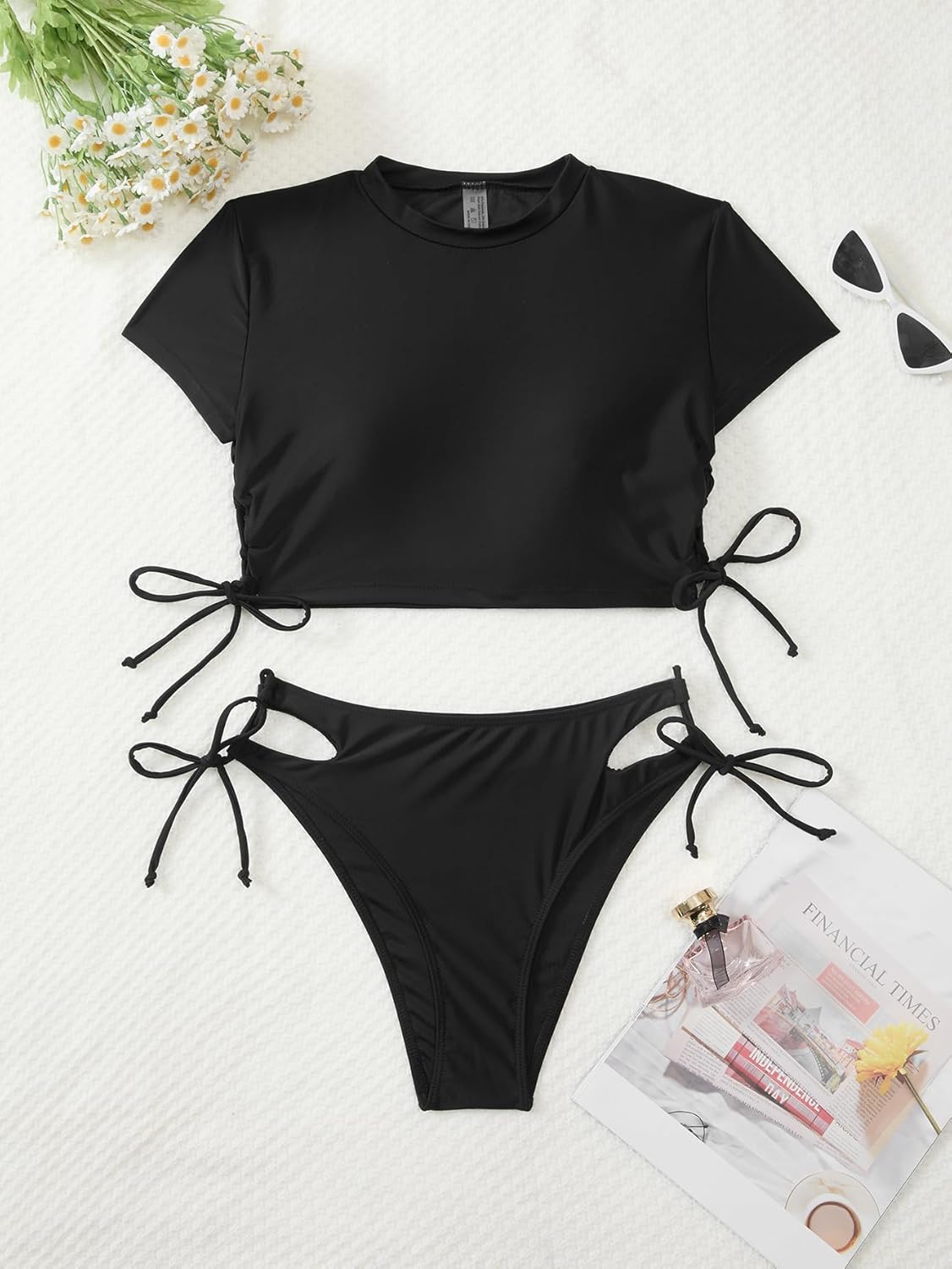 Lilosy Drawstring Bikini Set Srting Swimsuit Short Sleeve Top and Tie Side Bottom 2 Piece - Image 3