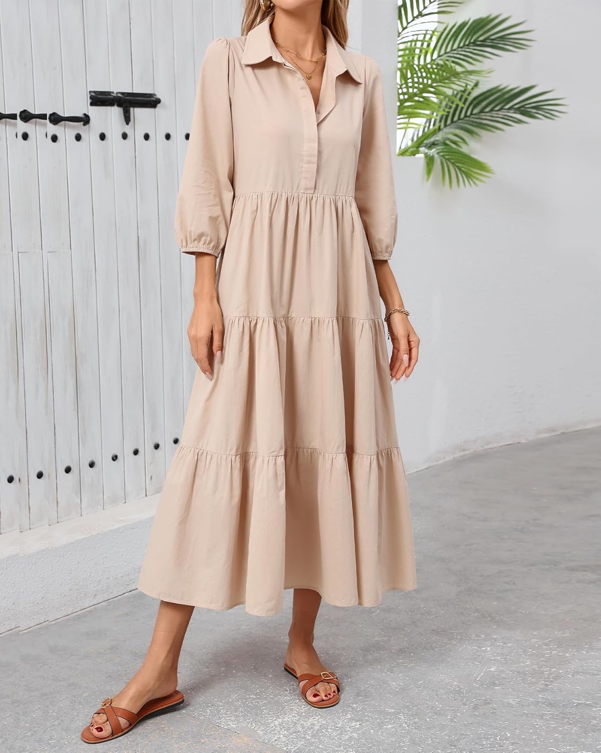 Women Button Down Maxi Shirt Dress Long Sleeve Flowy Tiered Collared Dresses with Pockets - Image 6