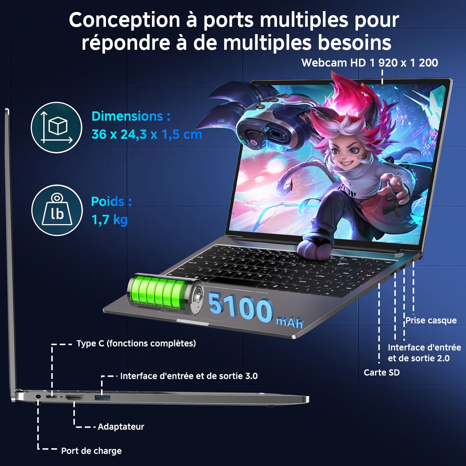 Ordinateur Portable 16 Pouces Core i3-1000NG4 (jusqu'à 3,2 GHz),16+512Go SSD Soutien Extension 1TB ,PC Portable Win11 Avec Double WIFI 1920x1200 BT4.2 Souris sans Fil&AZERTY Clavier Couverture-Gris