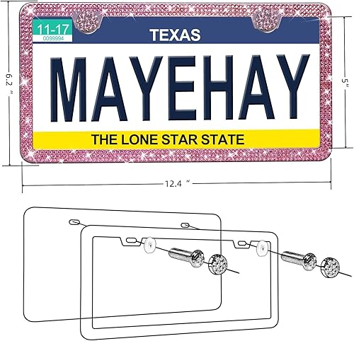 Miniatura 4 de Marco de matrícula rosa, 1 paquete de marcos de matrícula brillantes para mujer, cubierta de matrícula de diamante, soporte para placa de matrícula