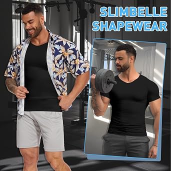 SLIMBELLE Body Shaper for Men V-Neck Elastic Slimming Waist Trainer Tummy Control Compression Shirt Men Base Layer Undershirts Compression top Shapewear