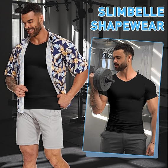 SLIMBELLE Body Shaper for Men V-Neck Elastic Slimming Waist Trainer Tummy Control Compression Shirt Men Base Layer Undershirts Compression top Shapewear