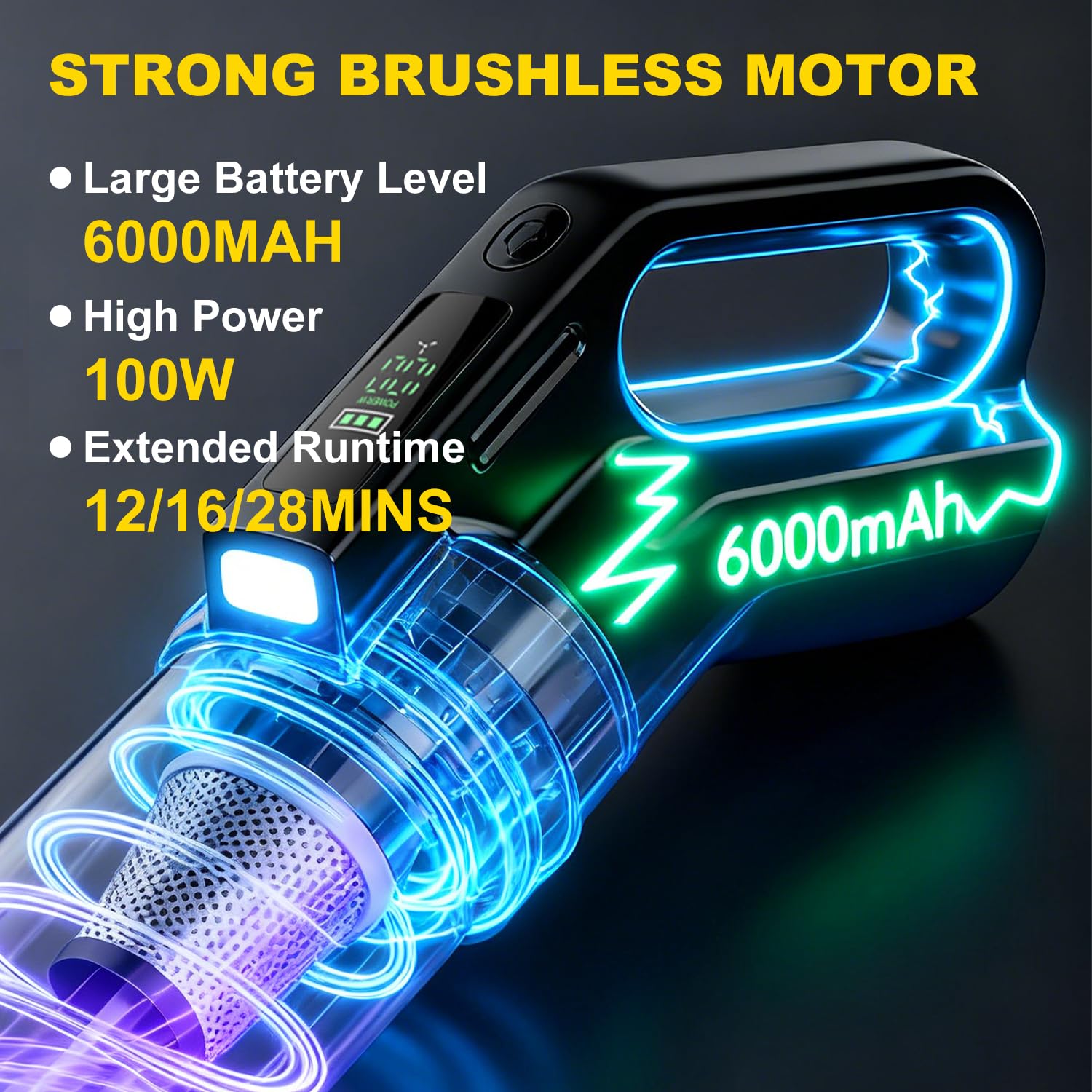 Aspirapolvere per Auto, Aslhuioo 6000mAh Aspirabriciole Senza Fili Potente Mini Aspirapolver Auto con Motore Brushless, 3 Velocità 22000PA Aspirapolvere Portatile per Casa, Ufficio, Auto, Capelli