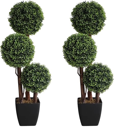 Árbol de Topiarios Artificiales de Bolas para Exteriores, Árbol de Boj Falso de Triple Bola de 3 pies (2 Piezas), Plantas de Arbustos Artificiales