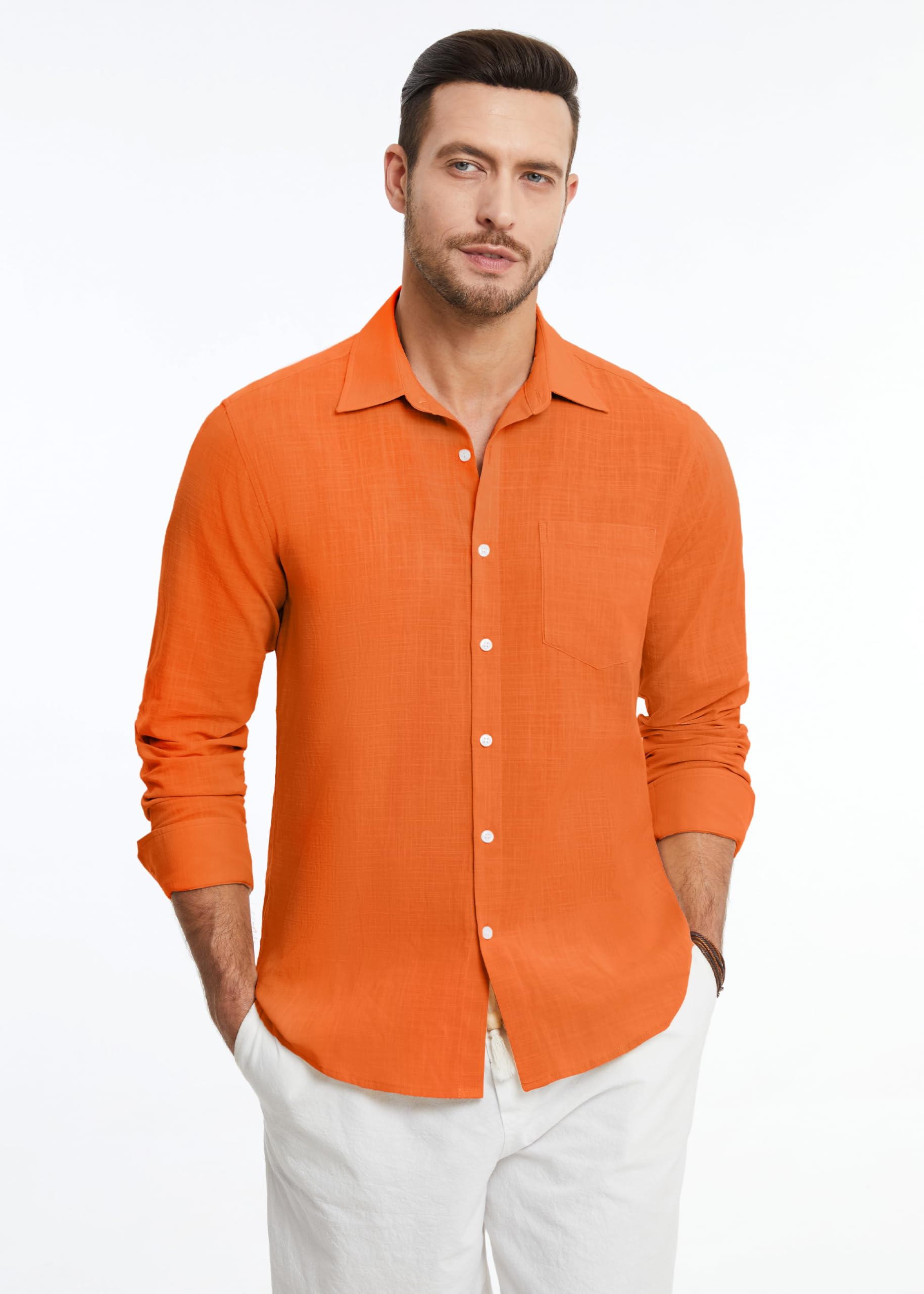 HISDERN Camisas de Lino y Algodón para Hombre Manga Larga Ligeras Verano Lino Camisa de Ajuste Regular Abotonadas Casual Shirt con Bolsillo