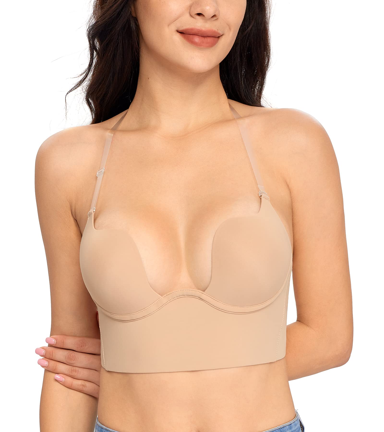 Lemorosy Reggiseno da donna con profondo scollo a V, convertibile, push-up, schiena bassa, sexy, a forma di U, con imbottitura sollevabile