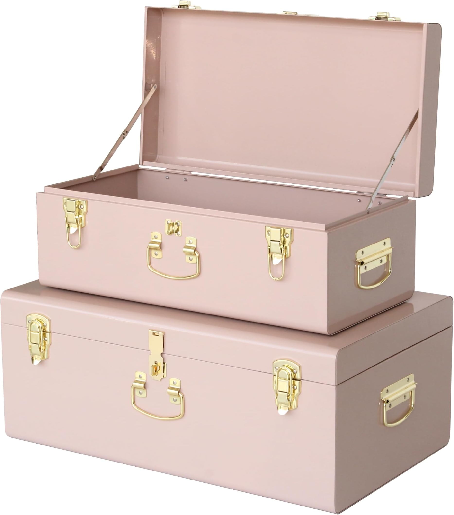 HofferRuffer Pack of 2 Metal Storage Trunk with Lockable Lid & Handles, Heavy Duty Storage Chest for Bedroom, Living Room, Bedding, Blankets and Toys，Pink