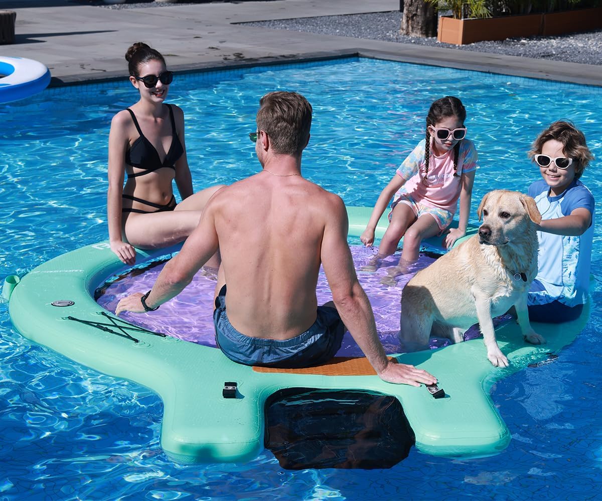 Große aufblasbare Badeplattform 240 cm Schwimminsel Sunchill mit Wasserrampe für Hunde, Wasserinsel für 3–5 Personen, Schwimmendes Dock inkl. Luftpumpe, Badeinsel Plattform für Pool Strand See & Ozean