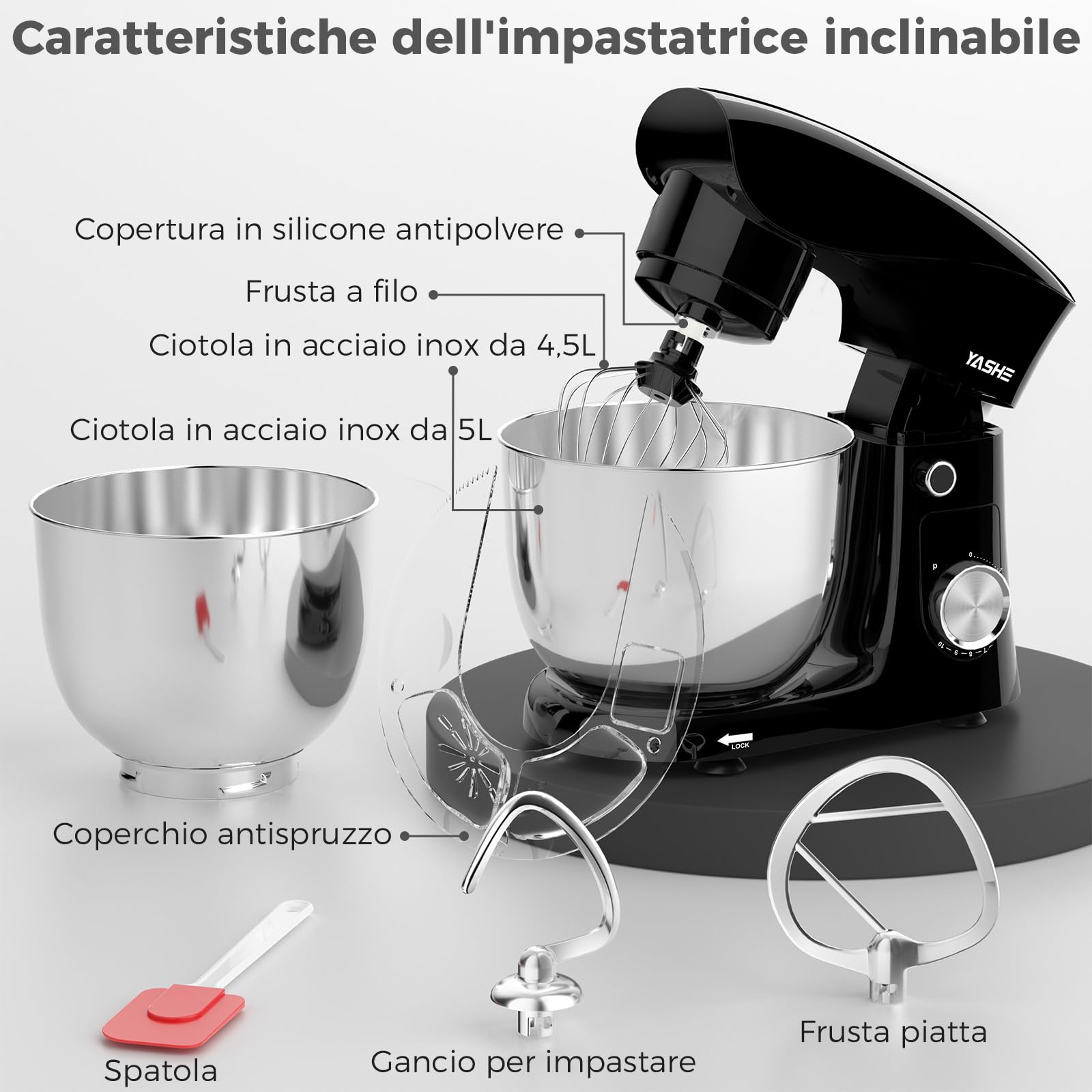 YASHE Impastatrice Planetaria 1500W, 2 Ciotole in Acciaio Inox 4,5L + 5,5L, 10+P Velocità, Testa Inclinabile, con Gancio Impastatore, Frusta e Sbattitore, Nero