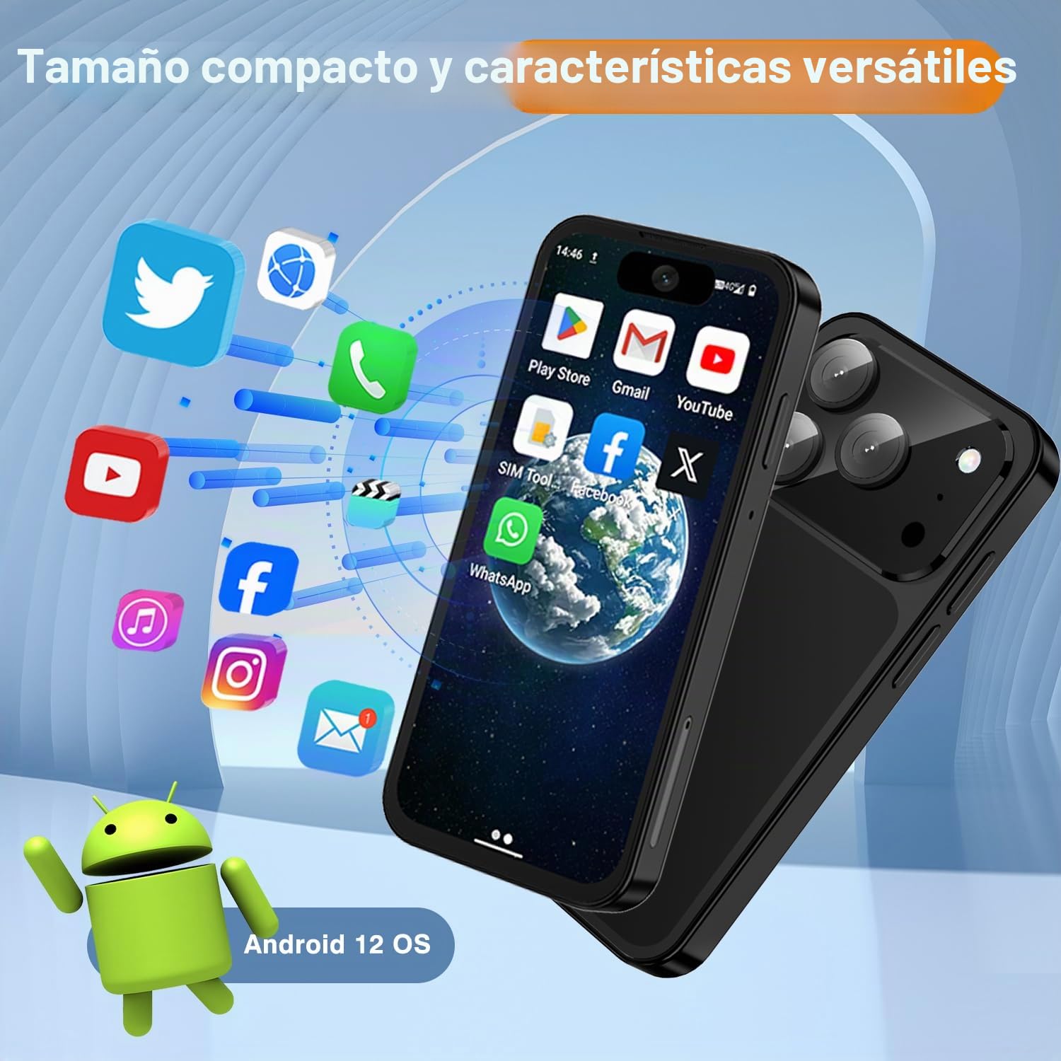 Mini Smartphone, Liberado 4G, Pantalla 3,88 Pulgadas, Android 12, Batería 1950mAh, Teléfono para Niños y Estudiantes, Doble SIM, Reconocimiento Facial (Negro, 4G)