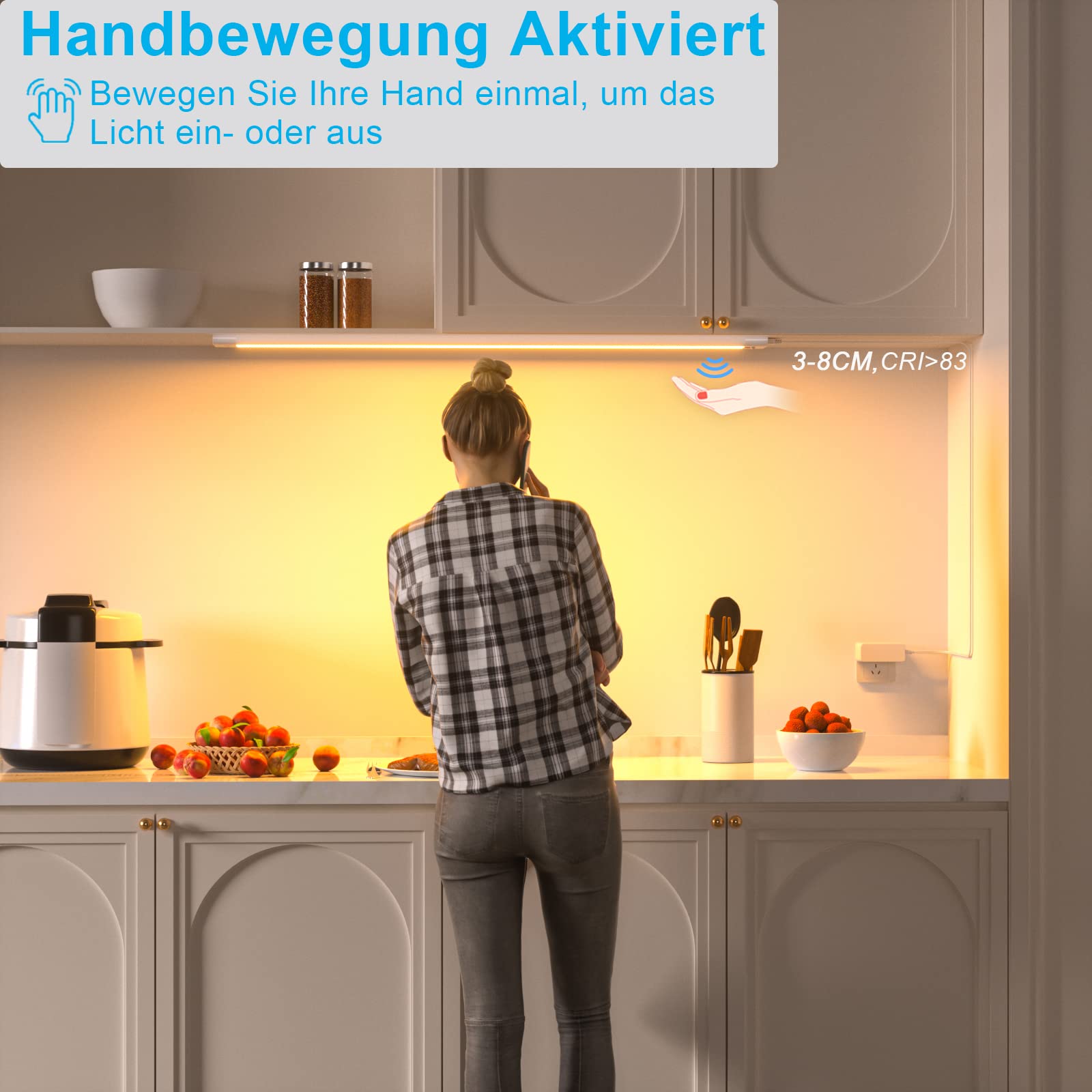 WOBANE 60cm Unterbauleuchte Küche LED Dimmbar, 5 Lichtfarben, Berührungslos | Handbewegungssensor, Speicherfunktion, 112 LEDs 1400 Lumen, Flaches Aluminiumgehäuse, für Schrank, Regale, Werkbank, 24V Weiß
