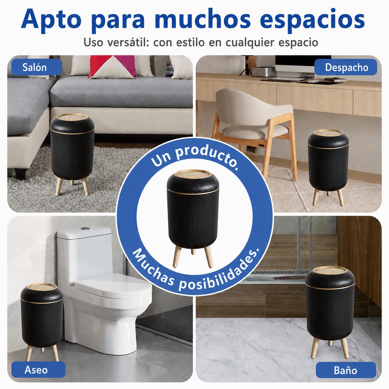 Papelera Automática 10L con Sensor para Baño, Blanca - Cubo Basura Inteligente con Diseño Redondo Elegante, Patas de Madera y Apertura Sin Contacto para Salón (10L Schwarz)