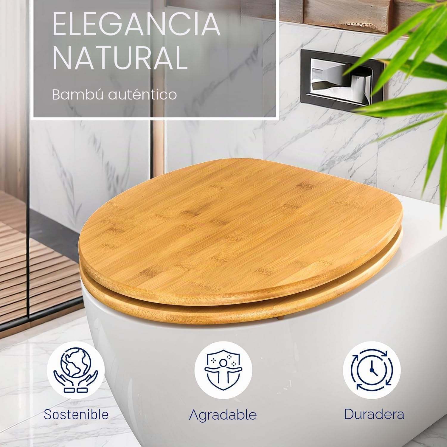 ADOB Asiento de inodoro de bambú oscuro, bambú natural, sostenible, cálido, bisagras de acero inoxidable, ajuste universal, 33332