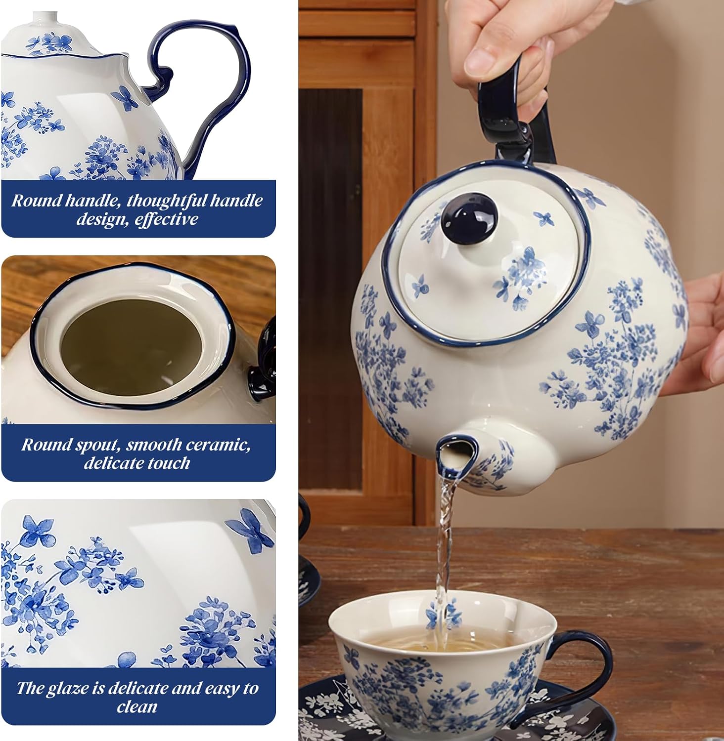 45oz Porcelain Teapot, Blue Floral Ceramic Tea Pot for Loose Tea, Large Decorative Teapot for Afternoon Tea, Tea Party, Family Gathering & Gift‑giving