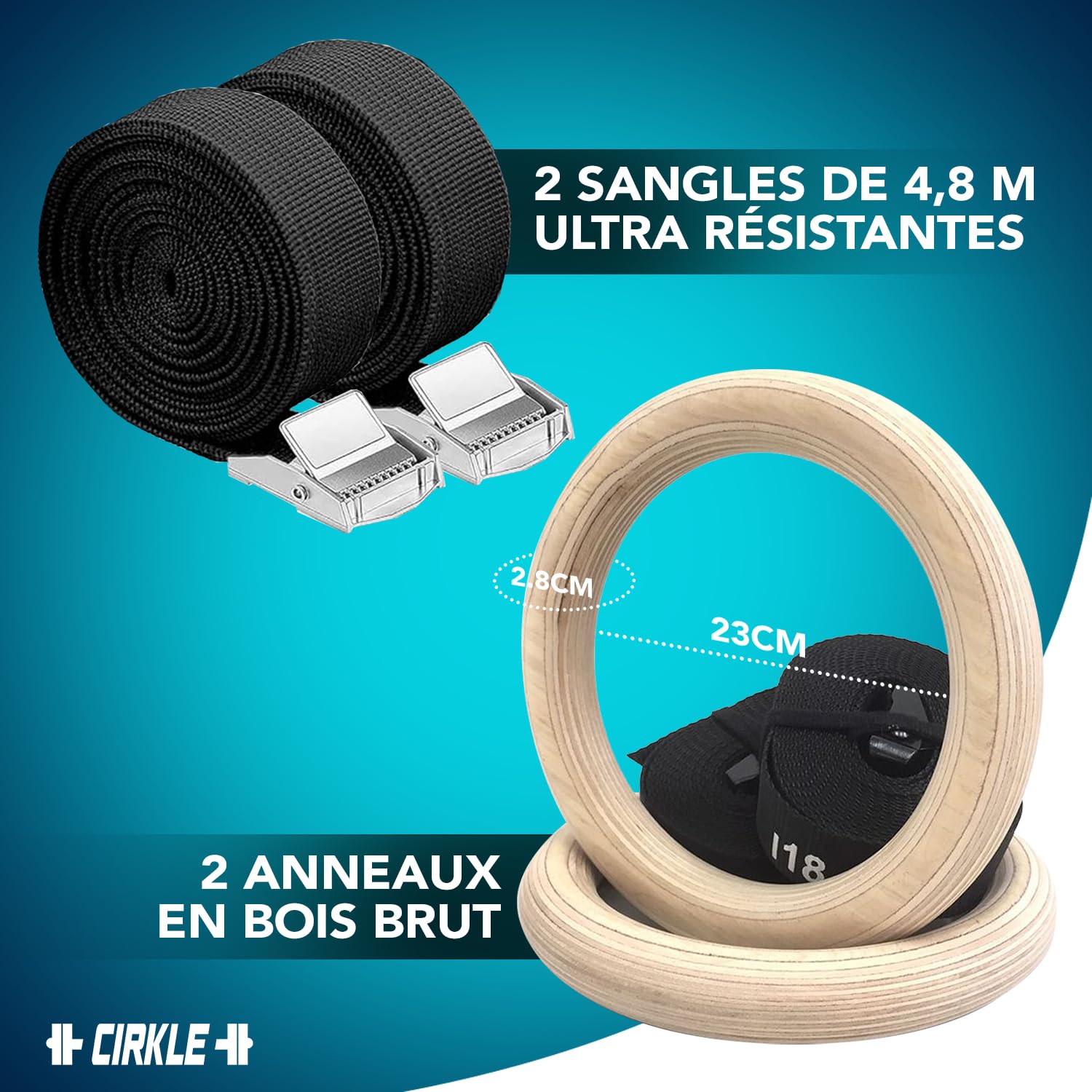 Original Cup CIRKLE | 2 Anneaux de Gymnastique en Bois | 23 cm de Diamètre avec Sangles Ajustables | Entraînement, Fitness, Musculation, Sport | Fixation Facile, Sécurité Maximale | Aerobik