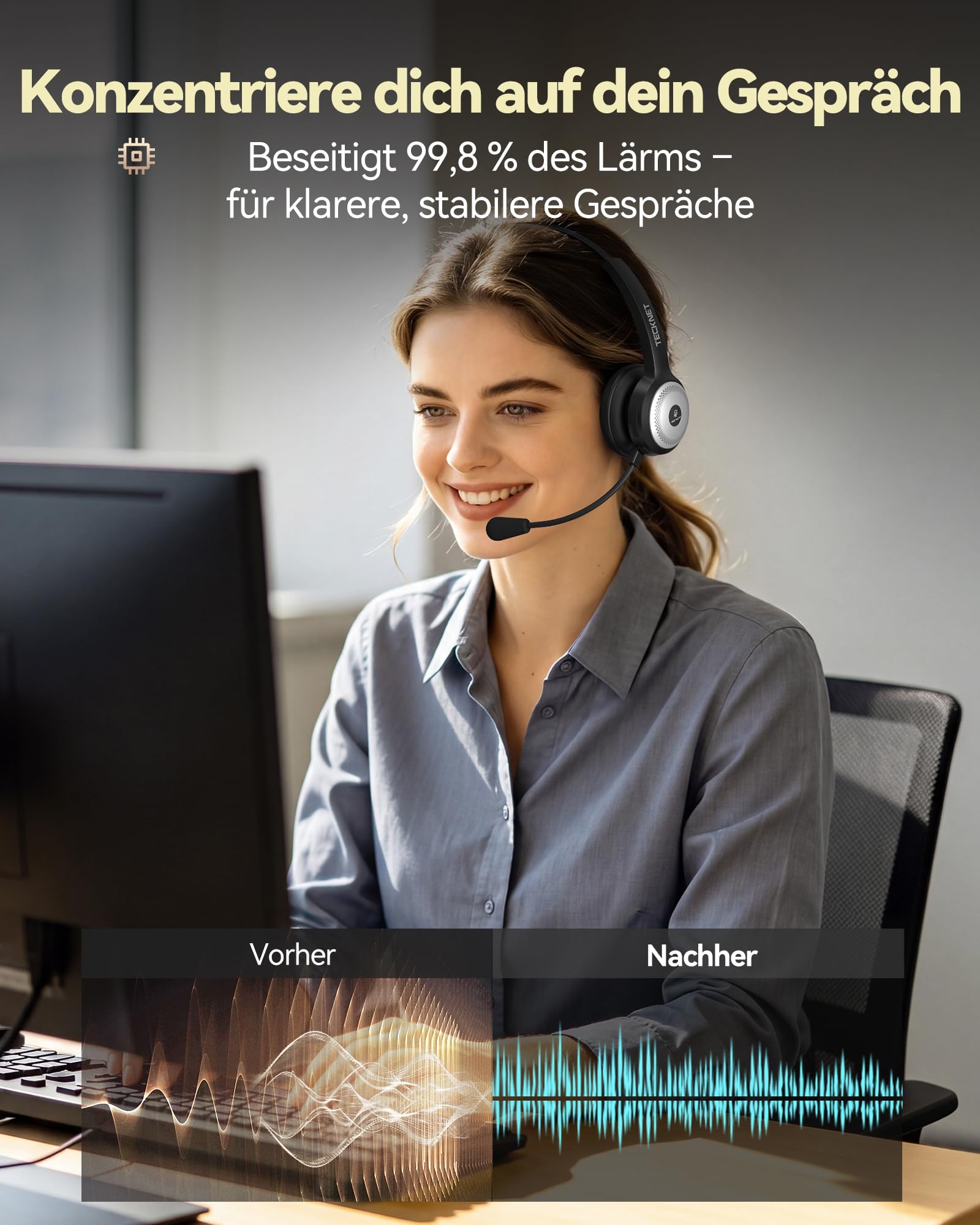 TECKNET Bluetooth PC Headset mit Mikrofon & USB Dongle [45 Std Anrufzeit & 10M Reichweite] kabelloses Headset mit Ladestation, Wireless Headset mit AI Rauschunterdrückung für Business,Büro,HomeOffice
