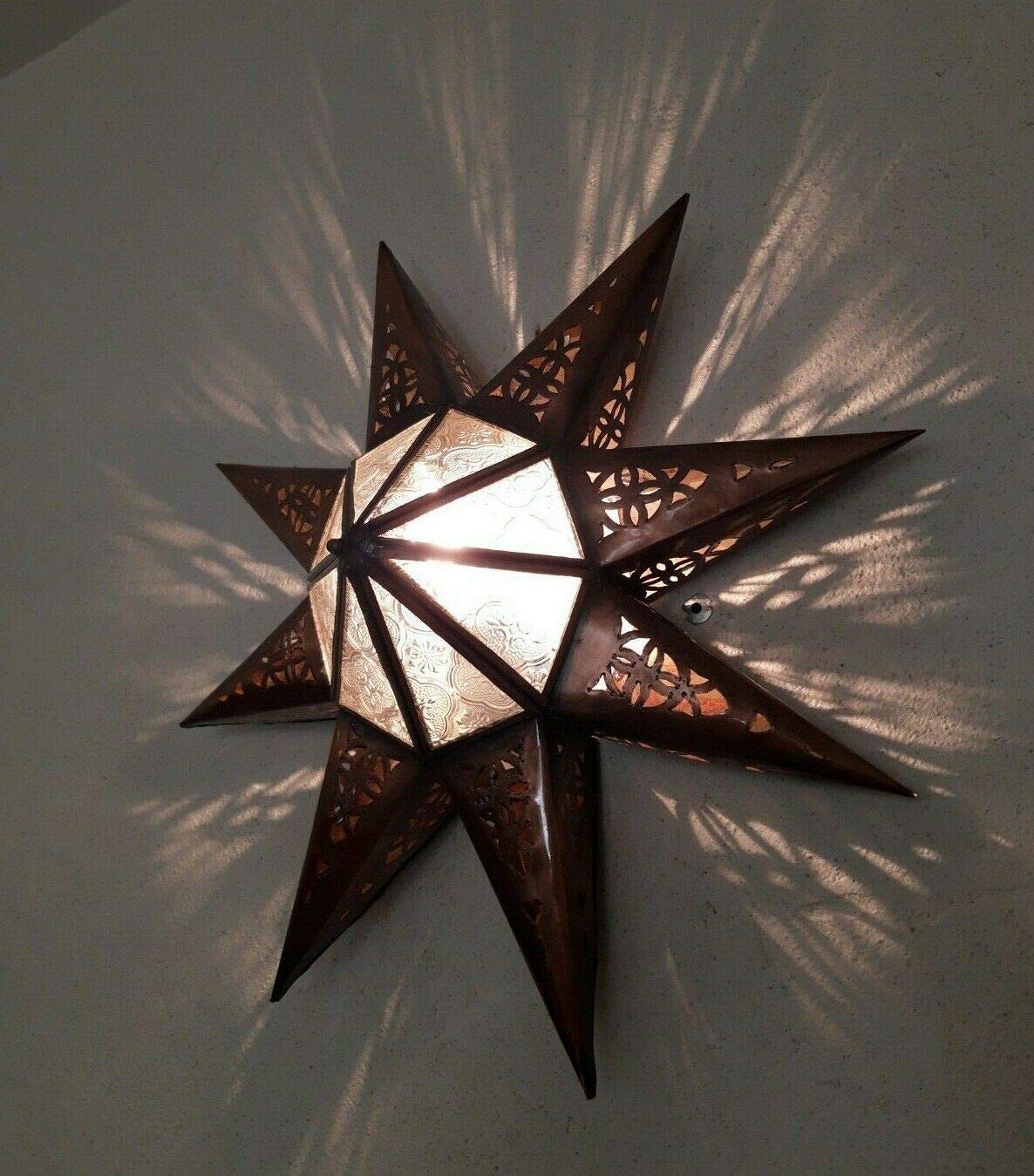 Aplique de pared marroquí, hierro cincelado patinado, estrella lustre farol luz de pared