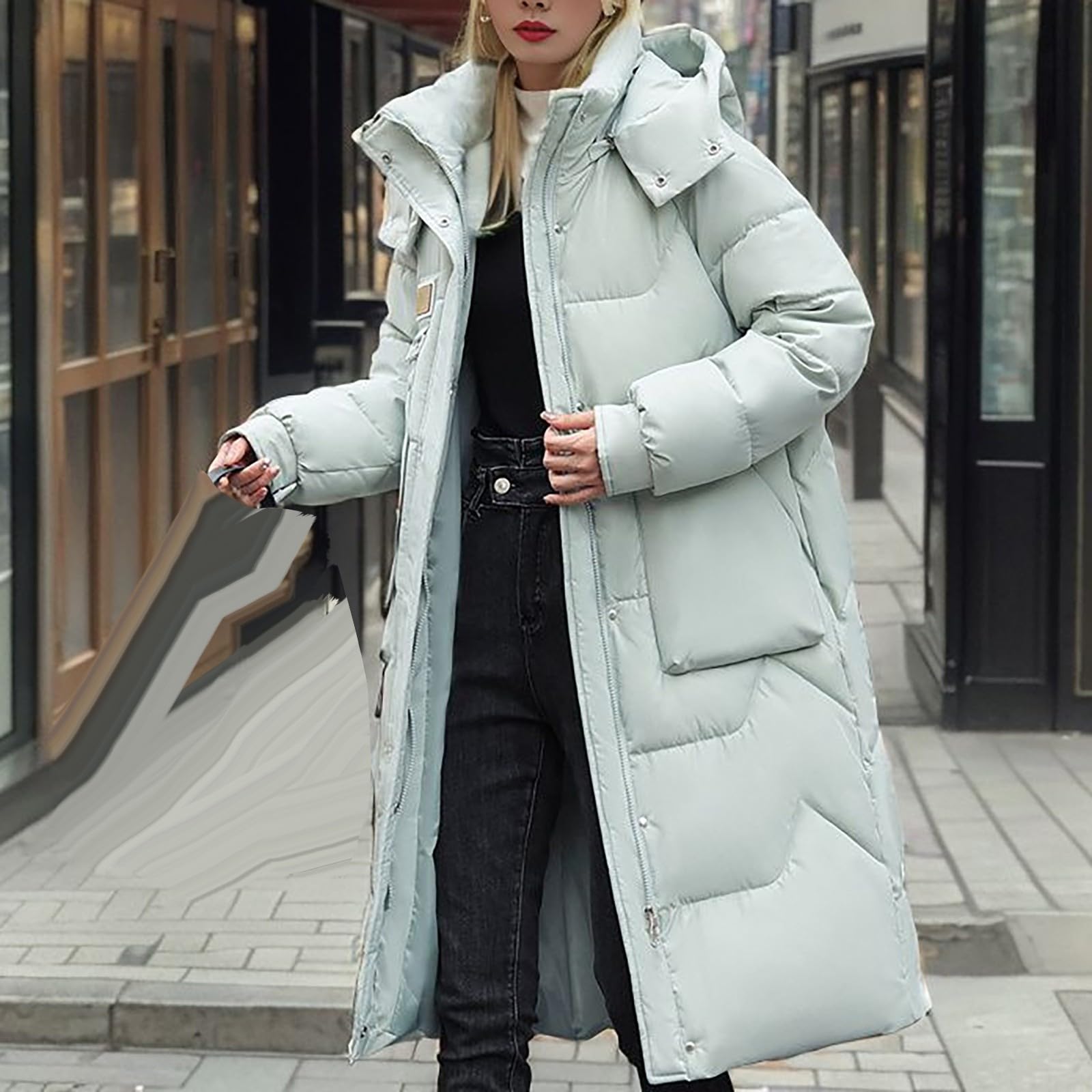 Chaqueta acolchada de plumón para mujer, abrigo acolchado de longitud media, abrigos largos acolchados para mujer con capucha desmontable, abrigo sólido para mujer, abrigo impermeable de manga larga,