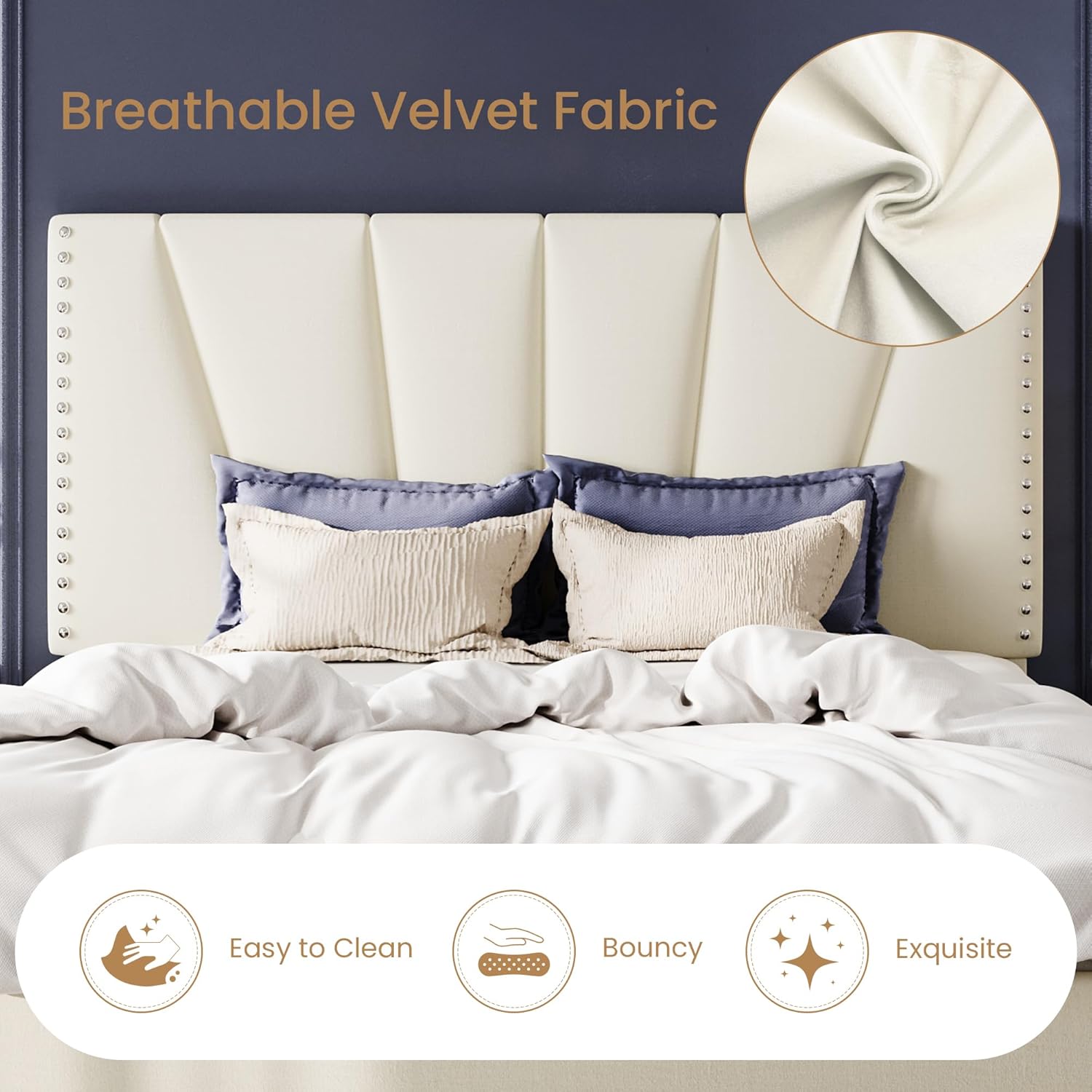 SHA CERLIN Queen Size Bed Frame with Adjustable Upholstered Velvet Rivets Headboard, Sturdy Wooden Slats, Strong Platform Support for Mattress, No Box Spring Needed, Easy Assembly, Cream