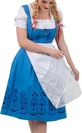 Dirndl Trachten Haus Womens Long Blue Mid Calf German Authentic Dirndl Dress For Oktoberfest
