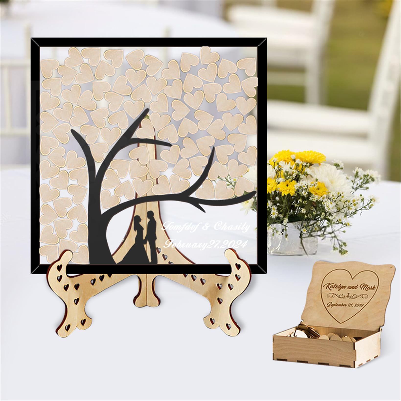 Libro de invitados personalizado con árbol de hojas para boda, silueta de pareja, caja de regalo 3D, árbol genealógico, libro de invitados rústico, libro de firmas de boda para aniversario, boda,
