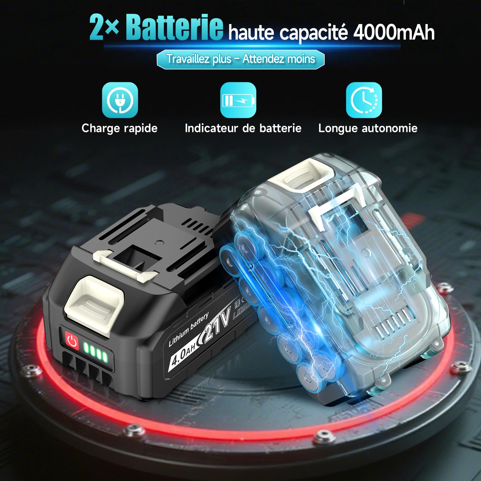 Clé à choc sans fil 1100Nm 1/2" Brushless avec 2×4000mAh Batterie, compatible avec batterie Ma-kkita 18V, clé à choc électrique incl. 5 douilles, rallonge et coffret – Yofuly