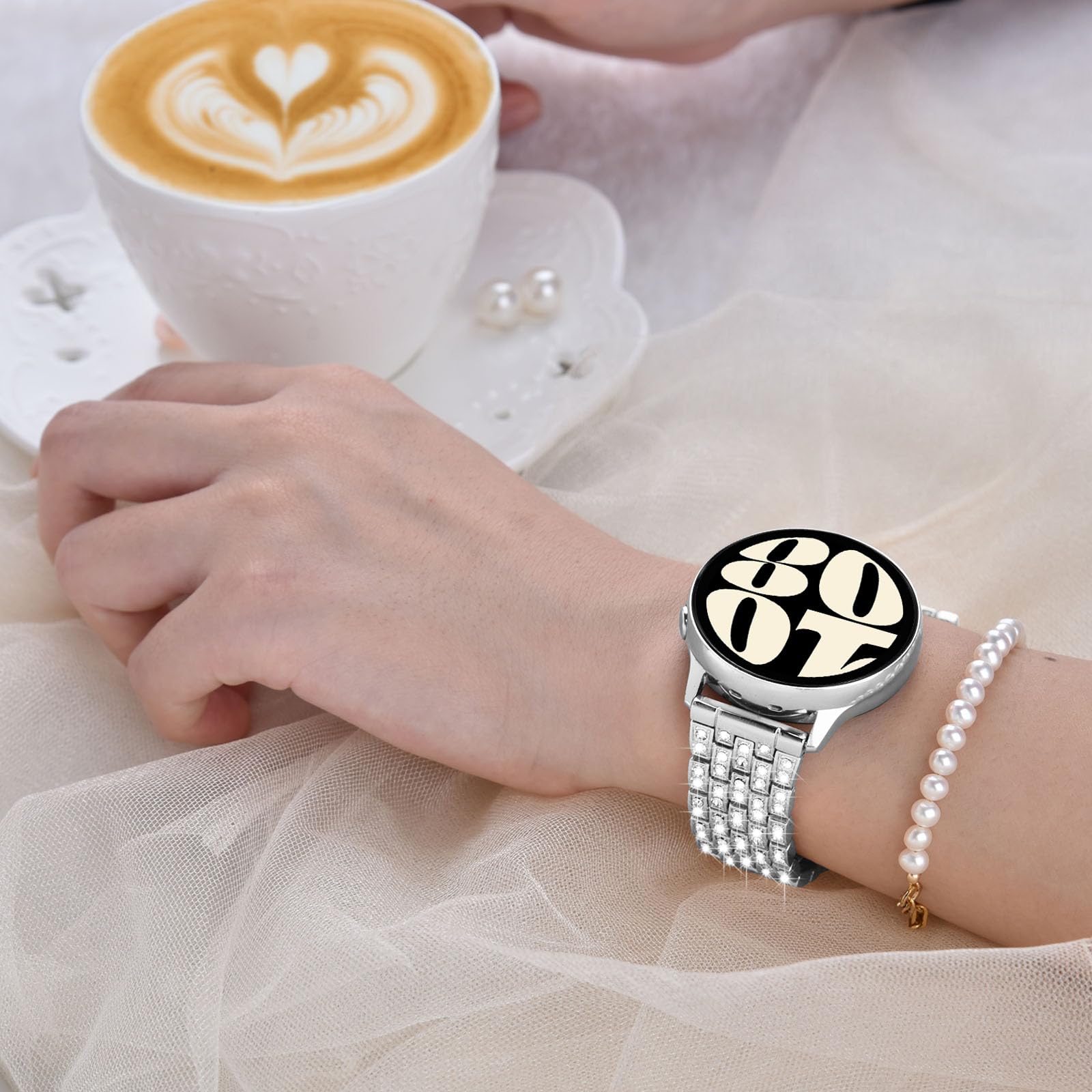 VISOOM 20mm Uhrenarmband kompatibel mit Samsung Galaxy Watch 7/6/5/4/FE Armband 40mm 44mm Damen, Glitzer Strass Bling Diamant Metall Armband für Galaxy Watch 4/6 Classic, Silber