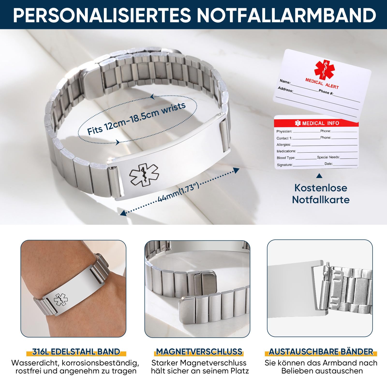 Personalisierte Notfallarmband Medizinisches Armband Herren - Edelstahl Notfall Identifikationsarmband Gravur Diabetes Epilepsie Allergie Telefonnummer, SOS Armband Notfall Armbänder für Erwachsene
