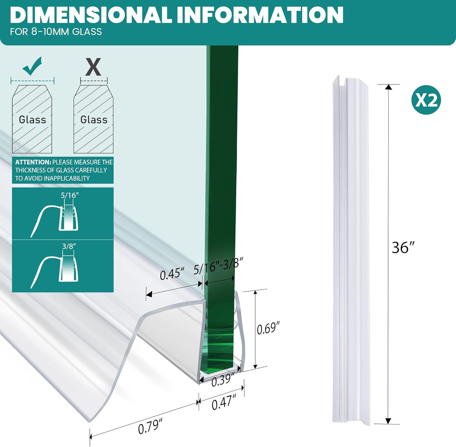 bathroom shower glass door bottom seal strip, 2pcs 36 inch long clear pvc seal strips for 5/16"(8mm) - 3/8"(10mm) thick framless glass door panel (5/16"-3/8") x 36"