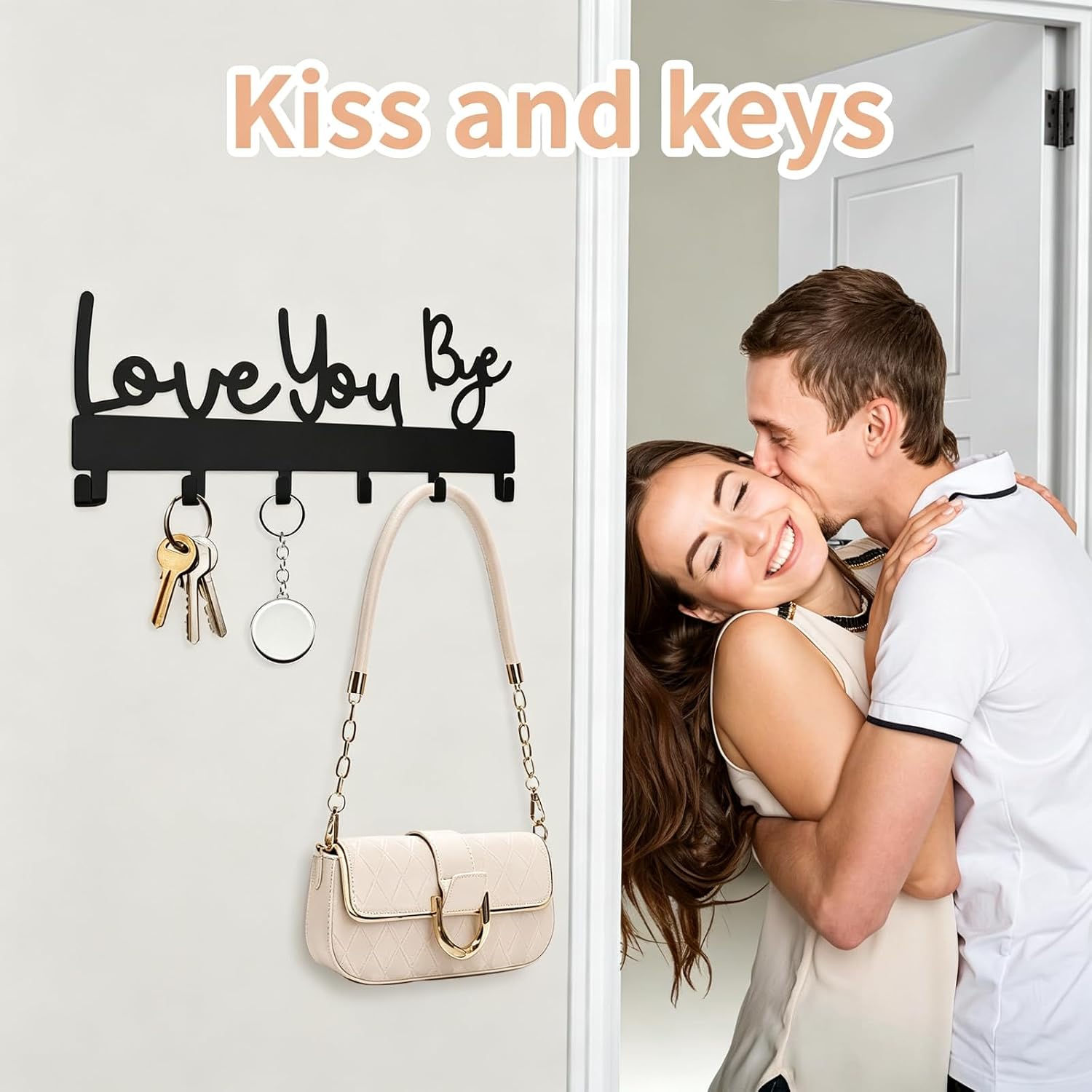 Love You Bye Sign Key Holder Hook Wall Mounted Key Holder Rack Organizer Hanger with 6 Hooks for Wall Express Love Art Decor for Entryway Front Door Kitchen Hallway Office (Love You Bye)
