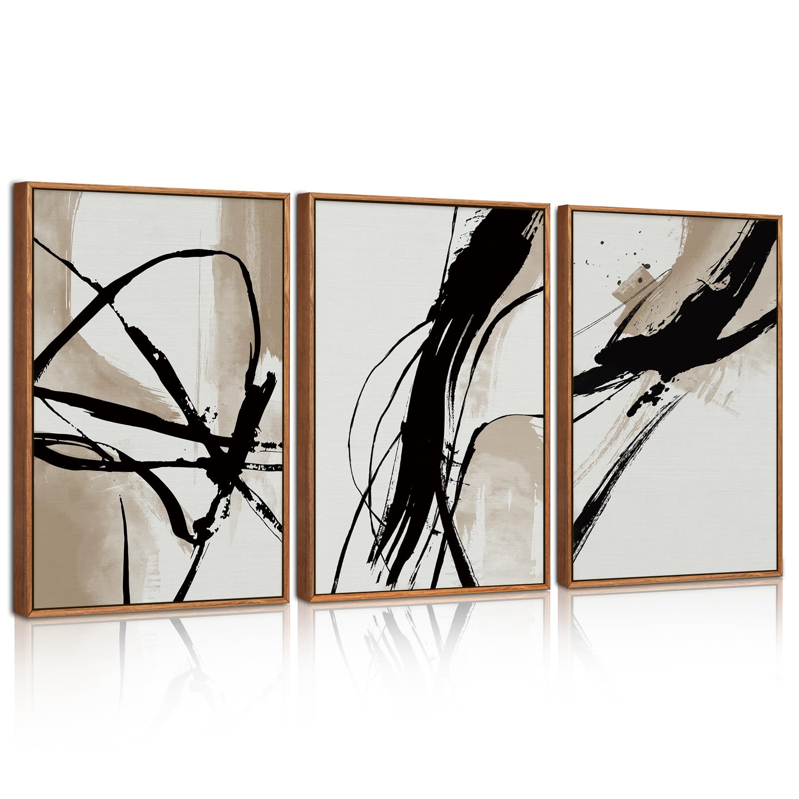 BINCUE 3 Teilig Beige Abstrakte Wandkunst,Sepia&Schwarz Pinselstrich Leinwand Wandbilder,Beige Braun Tintenlinie Poster,Moderne Abstrakte Bilder mit Rahmen Wanddekofür Wohnzimmer, Schlafzimmer,30x40cm