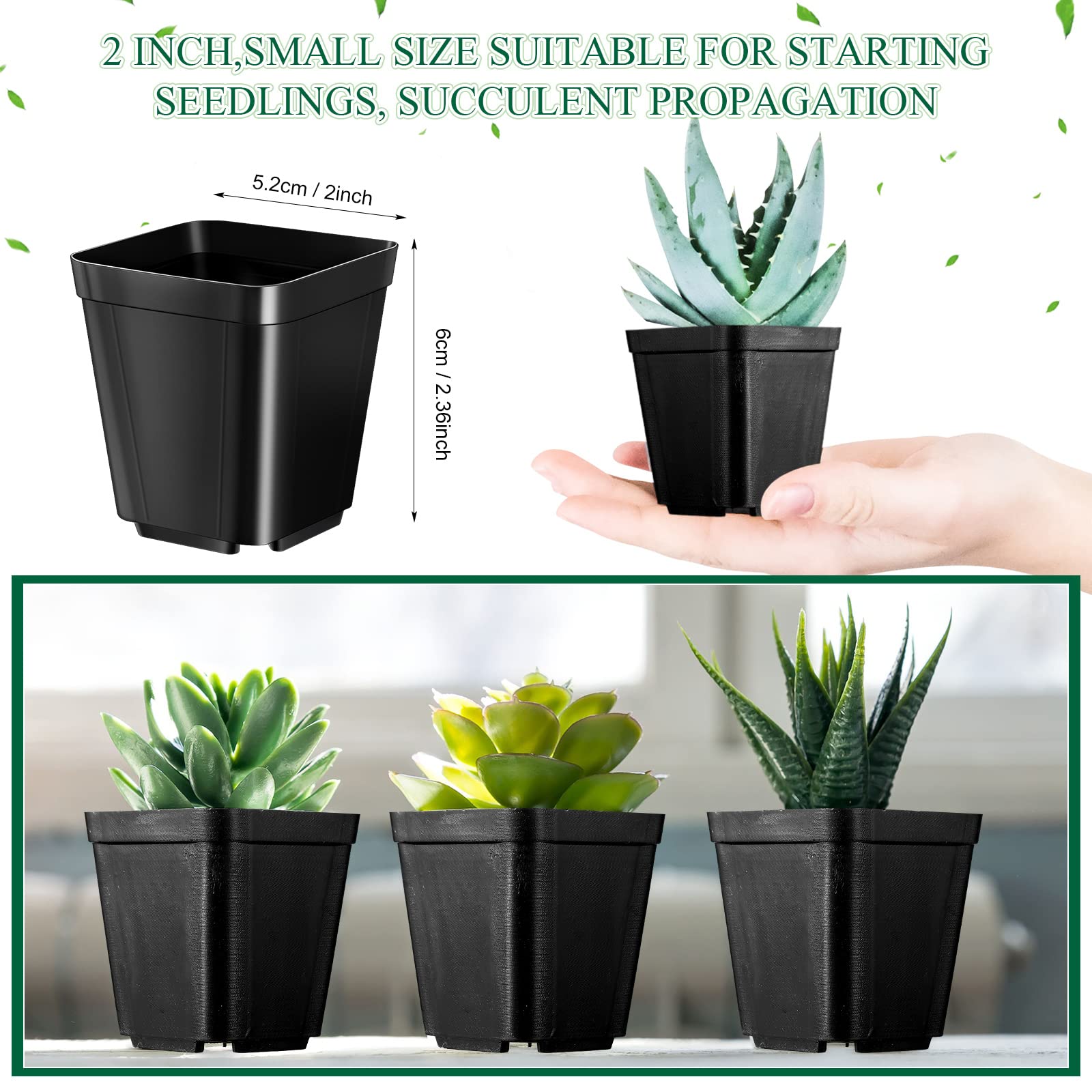 500 Pack 2 Inch Plastic Seedling Pots Small Square Nursery Planters Flower Nursery Pots Planting Pots Plastic Plant Pot Plastic Planters for Outdoor Indoor Flower, Succulent, Starting Seedlings, Black