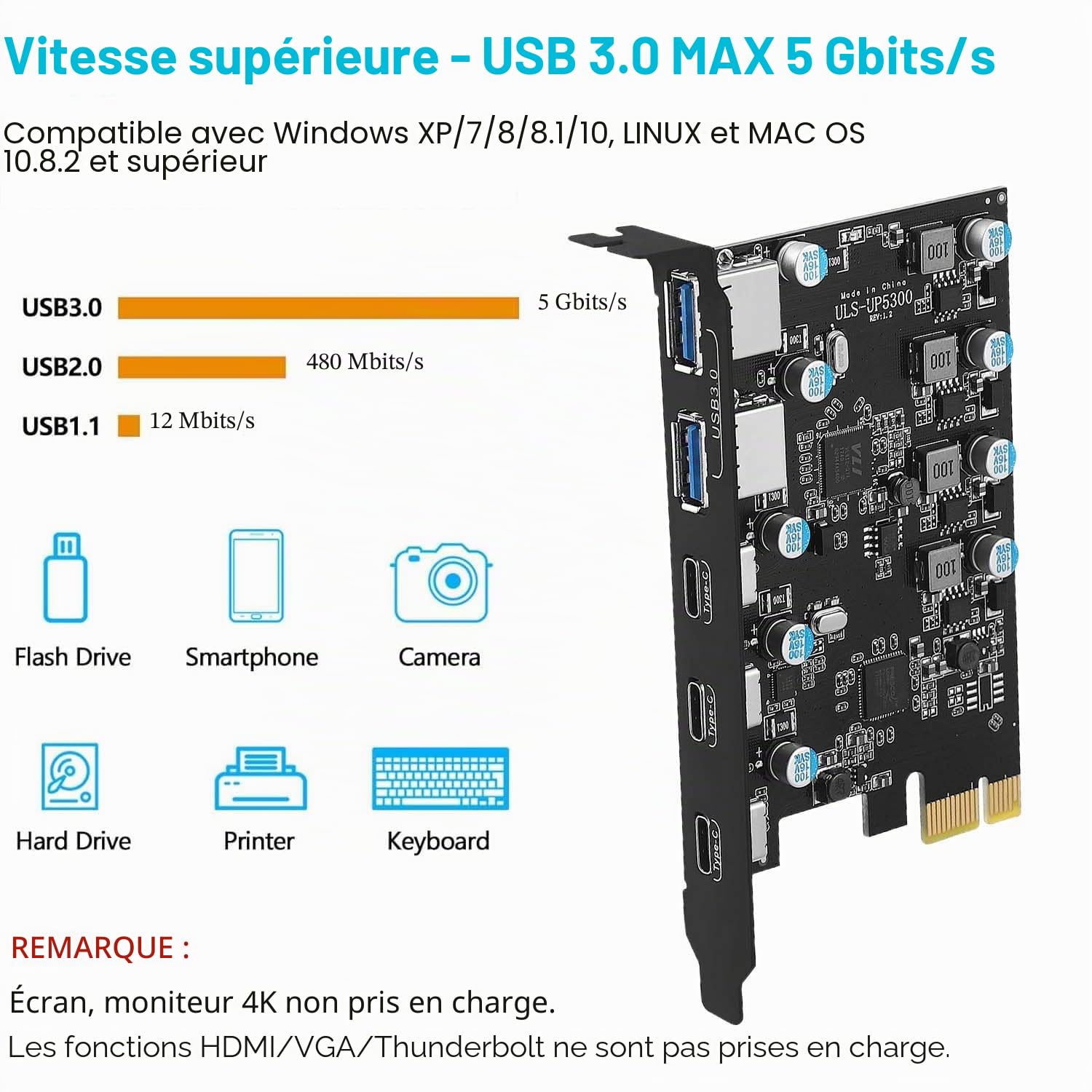 Carte d'extension PCIe USB 3.0 5Gbps Compatible Windows et Linux | 3 Type C + 2 Type A, USB 3.2/3.1 Gen 1, PCI-E x4/x8/x16, Plug and Play, Interne PCI Express Carte, pour PC de Bureau