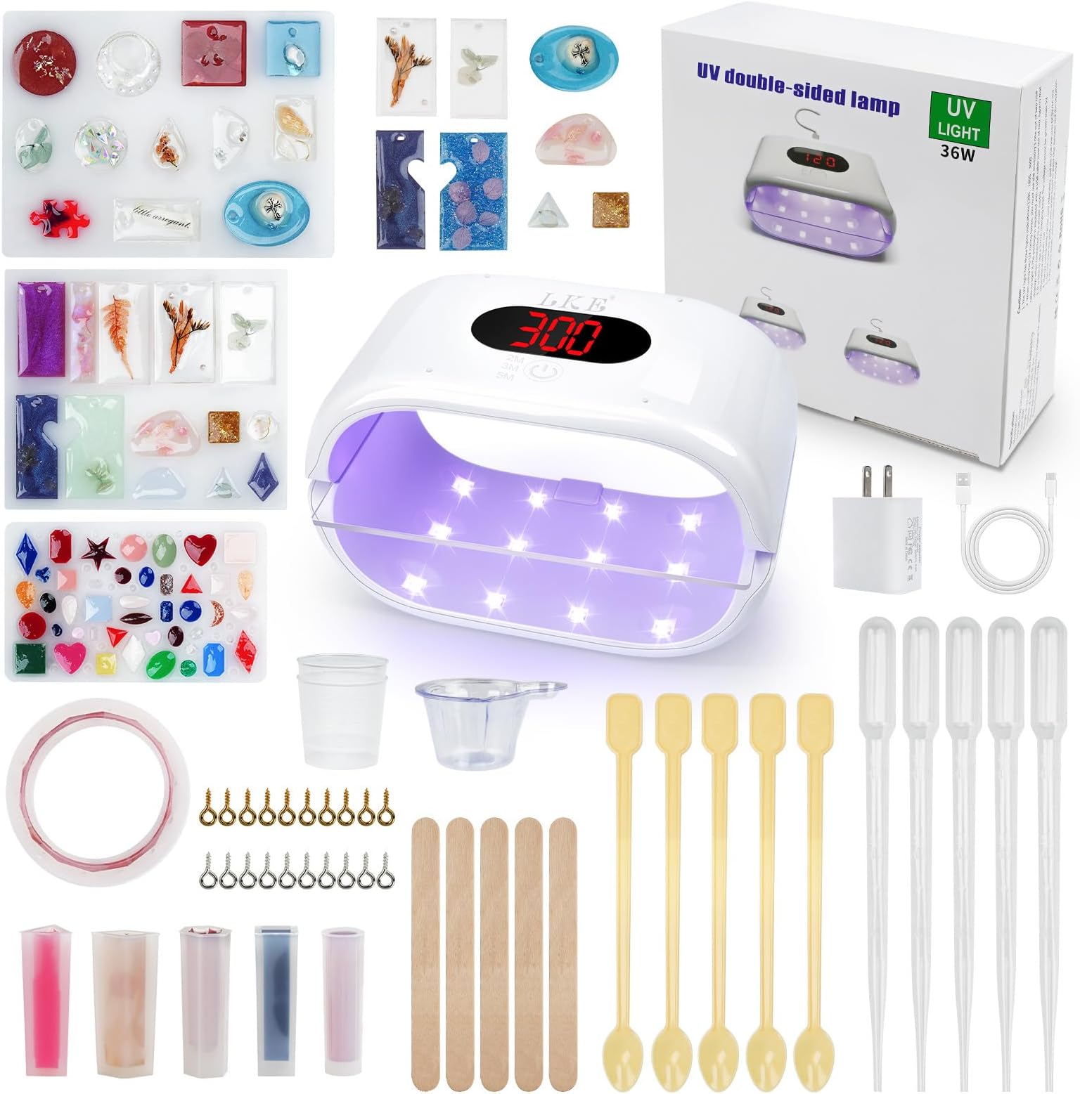 LKE UV Light for Resin Curing, Dual-Sided 36W High Power UV Lamp with 3-Speed Digital Display, 2-in-1 Detachable Design for Jewelry Making, Craft Enthusiasts, Clear Application Focus