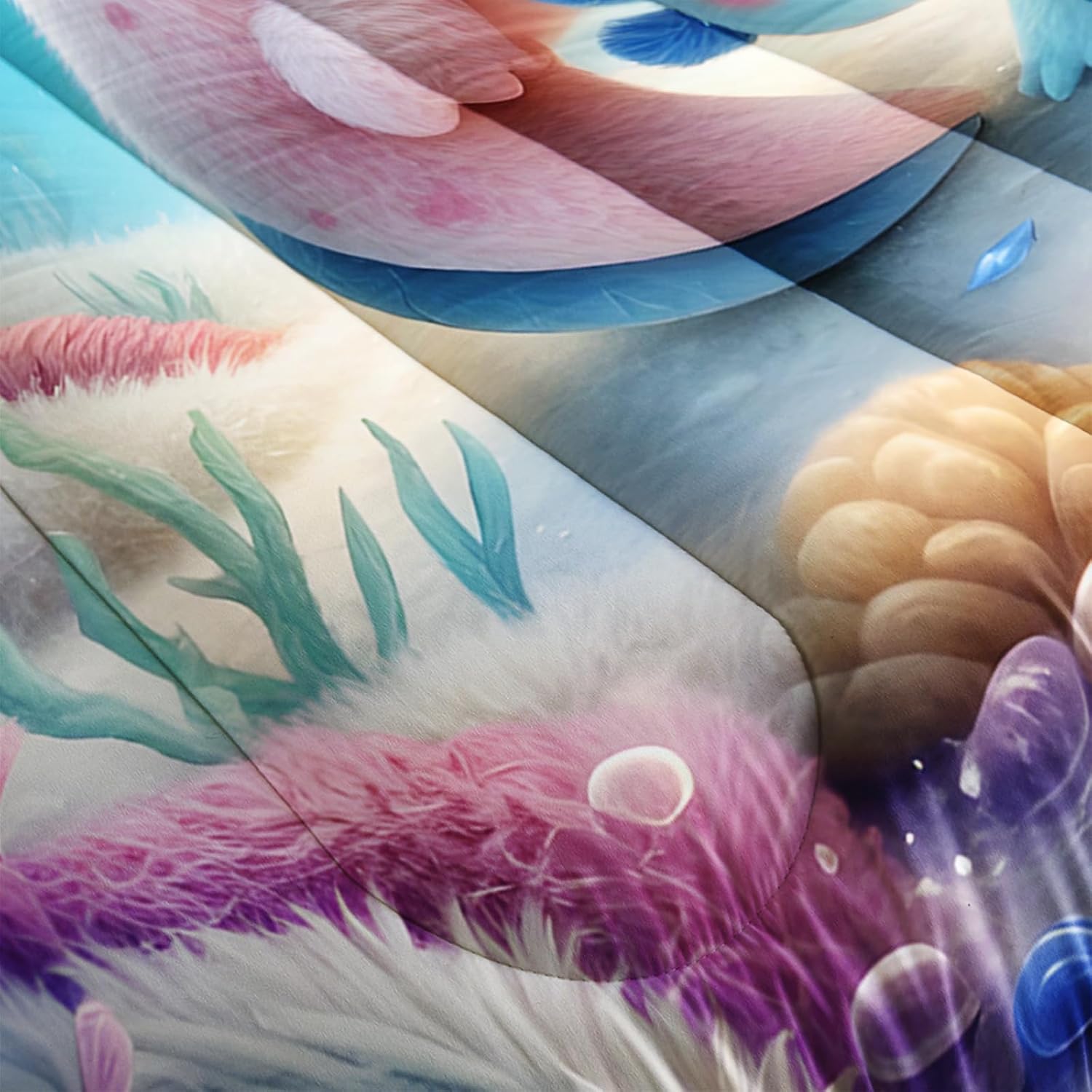 Cute Axolotl Bedding Twin Size,Pink Blue Axolotl Waterweed Coral Pattern Toddler Bed Comforter Set,Kawaii Ocean Life Bedding Sets for Kids Girls Room Decor with 2 Pillowcases.