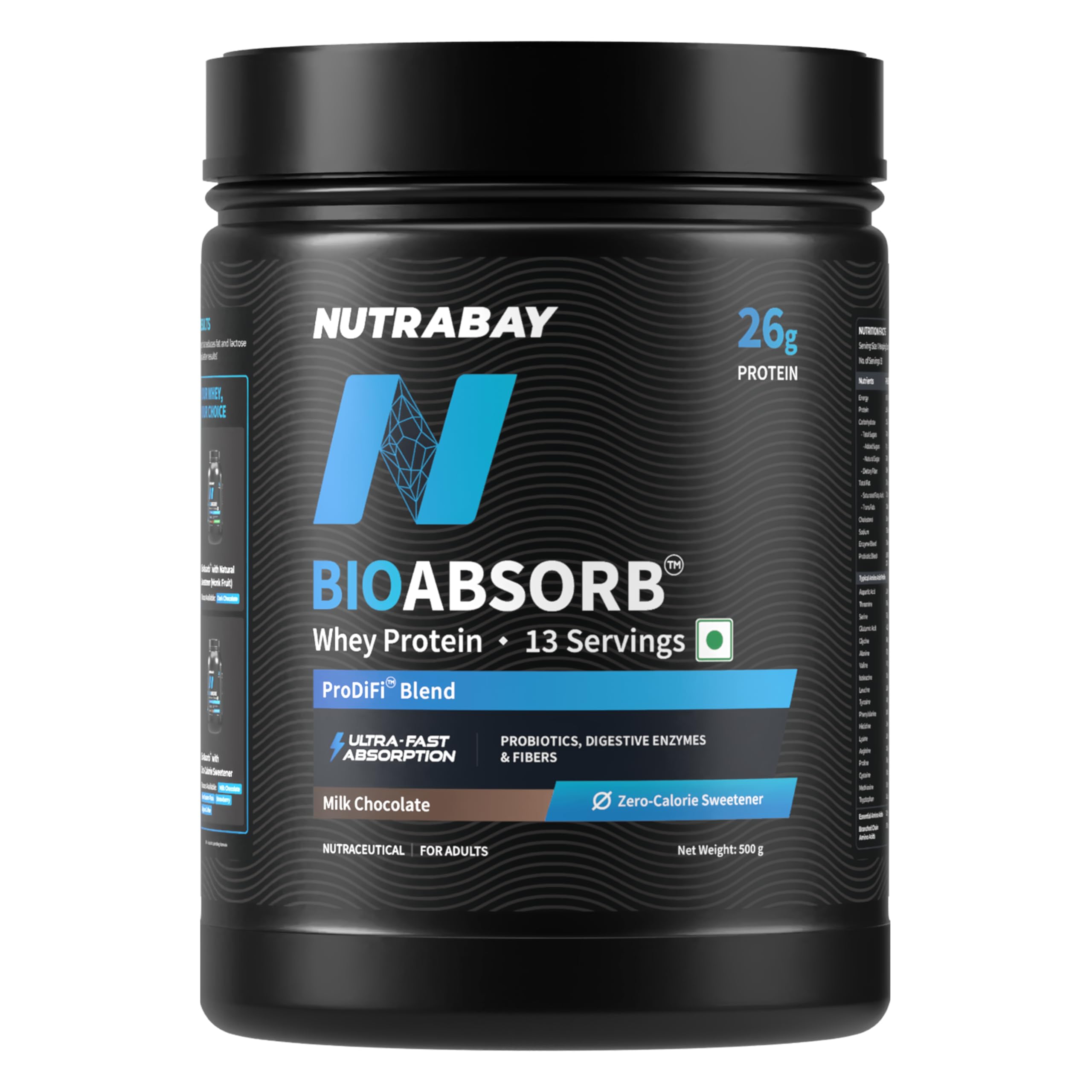 Nutrabay BioAbsorb™ Whey Protein Powder - 500g, Milk Chocolate | Clinically Tested 54% Better Absorption | 26g Protein/Scoop | India's 1st Protein with ProDiFi™ for No Bloating | No Added Sugar