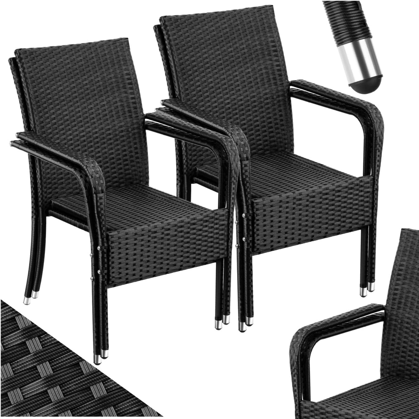 tectake® Silla de Ratán y Acero Apilable, Muebles Jardín Exterior Resistentes a la Intemperie, Silla Conjunto Jardín Exterior, Sillas Terraza o Patio, Fácil Montaje, MAX. 120 kg – Set de 4