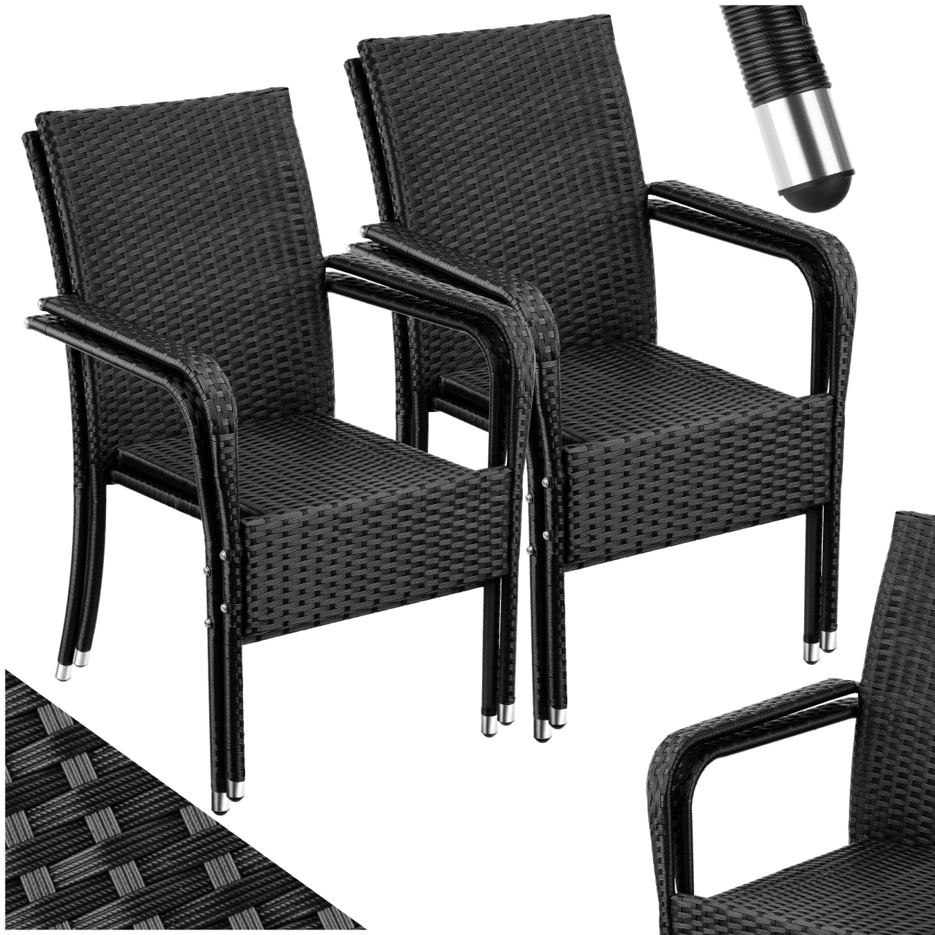 tectake® Set of 4 Garden Chairs in UV- & Weather-Resistant Polyrattan, Stackable Rattan Chair Set with Steel Frame, High Backrest & Wide Armrests, Ideal Patio, Balcony & Garden Furniture Set - Black