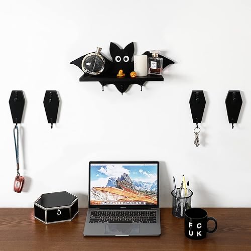 Miniatura 8 de Gancho de pared de ataúd para llaves, decoración gótica espeluznante del hogar para pared, colgador rústico de madera negra para llaves, tazas,