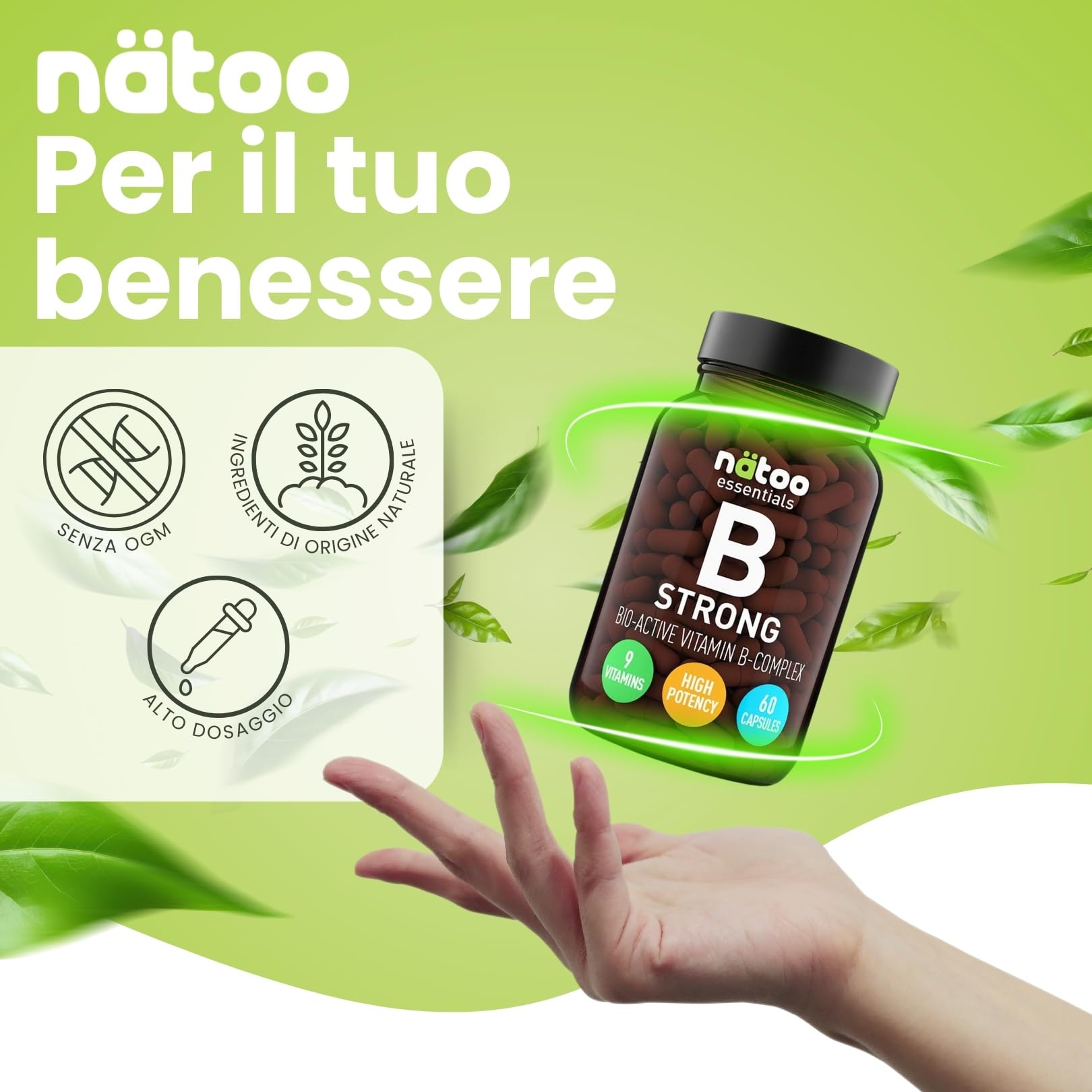 NÄTOO Vitamina B Complex Strong 60 Capsule con Vitamina B1, B2, B3, B6, B9, Colina, B7, B8, B12, nella loro Forma Bio-Attiva, 2 Mesi di Fornitura
