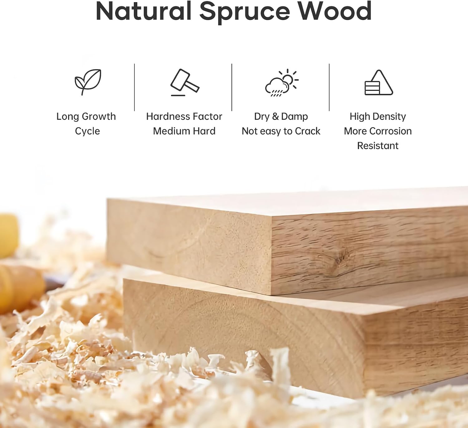Close-up of natural spruce wood planks with wood shavings, highlighting its properties.