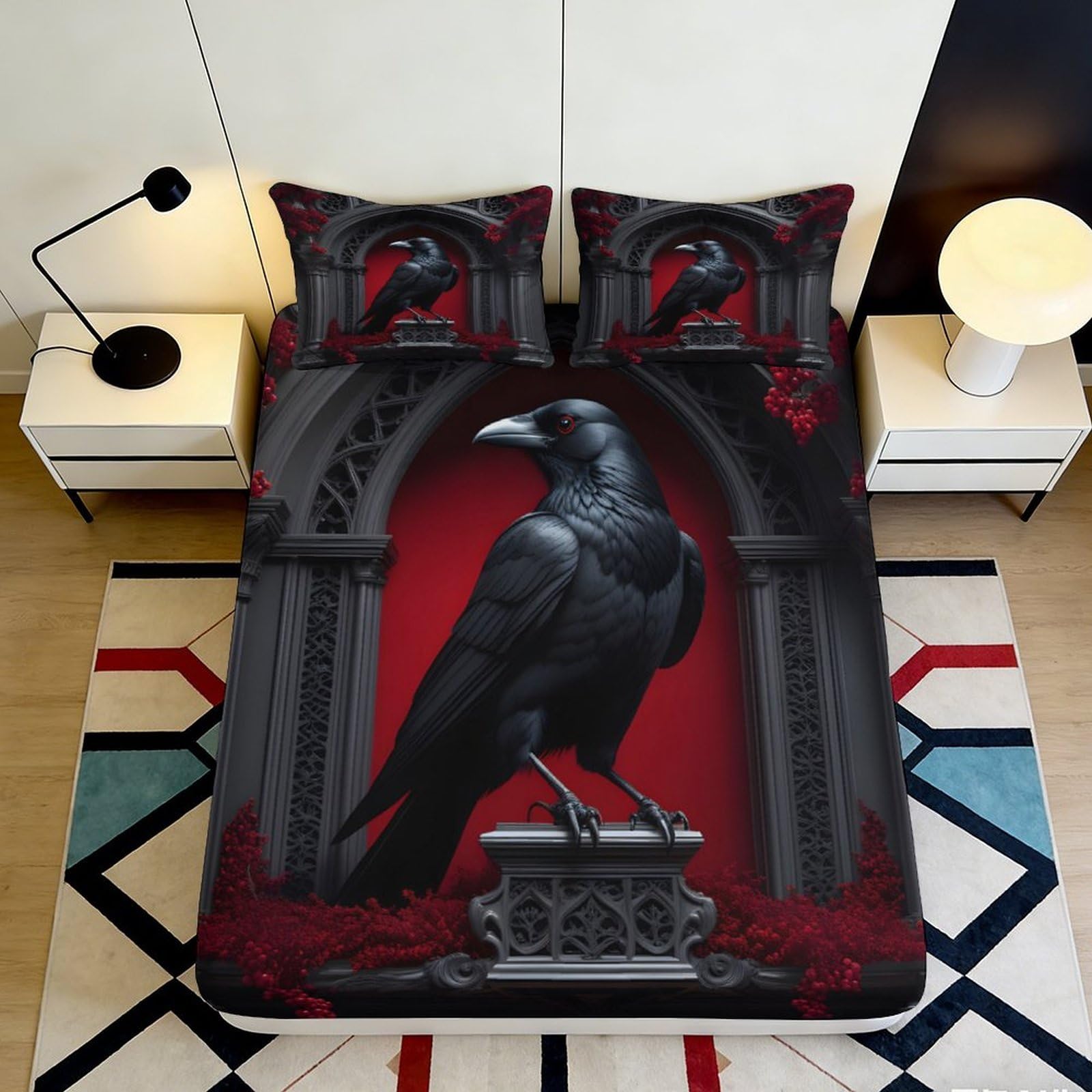 Uynsixtme Style-8 3D Printed Gothic Raven Fitted Sheet Microfiber Deep Pocket Bedroom Bedding Gothic Raven Mattress Fitted Cover Non-Slip For Adults 90X200x25cm