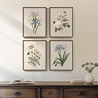 Cuspin 4-Piece Framed Botanical Floral Wall Art, 11x14 Vintage Flower Butterfly Canvas Prints for Farmhouse Bedroom Living Room Decor