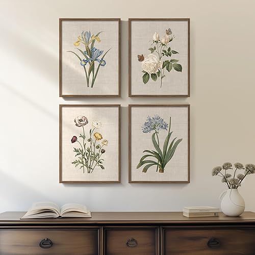 Arte de pared floral botánico enmarcado, 4 piezas de lienzo de flores vintage para dormitorio, fotos de mariposas florales rústicas para granja,