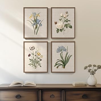 Framed Botanical Floral Wall Art, 4 Piece Vintage Flower Canvas Painting Prints for Bedroom, Rustic Floral Butterfly Pictures for Farmhouse Kitchen Living Room Dining Room Hallway Wall Decor, 11x14 In