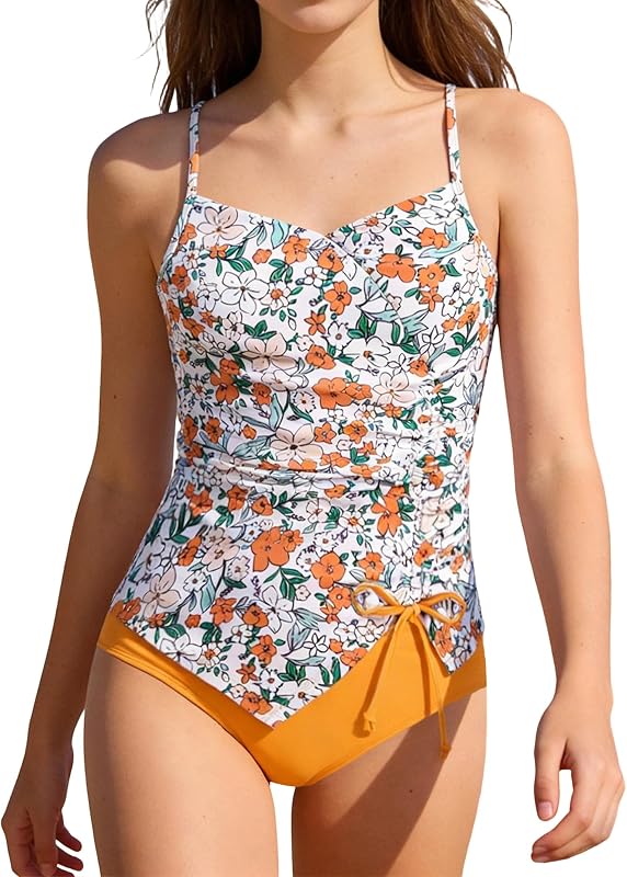 Trajes de baño Tankini para niñas Traje de baño de dos piezas Traje de baño estampado para niñas con cordón para 7-16 años