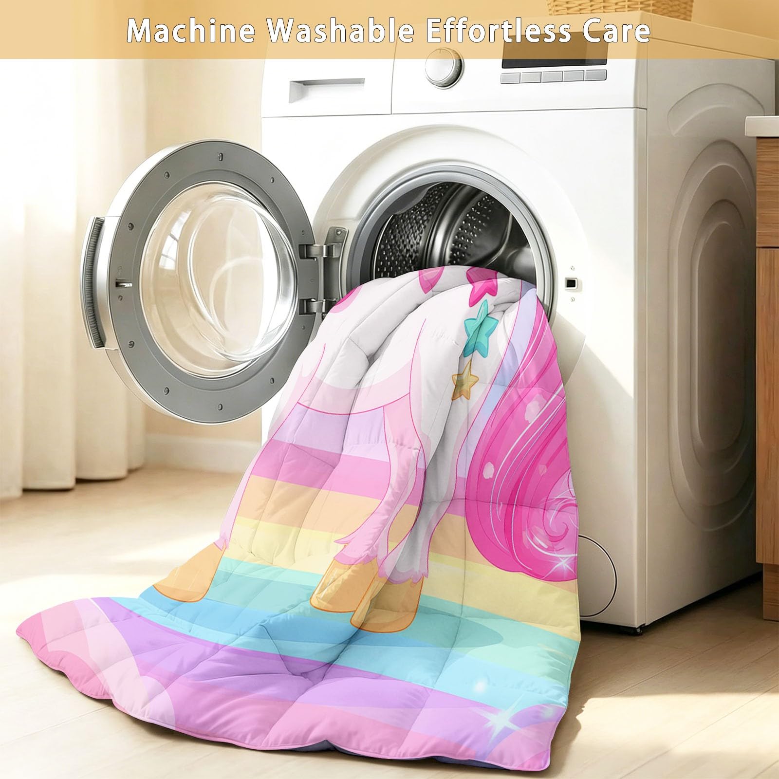 Piumino estivo per letto matrimoniale, stampa magica con unicorno e stelle, 4,5 tog, imbottitura da 200 g/m², leggero e delicato sulla pelle, lavabile in lavatrice, per camera da letto delle ragazze