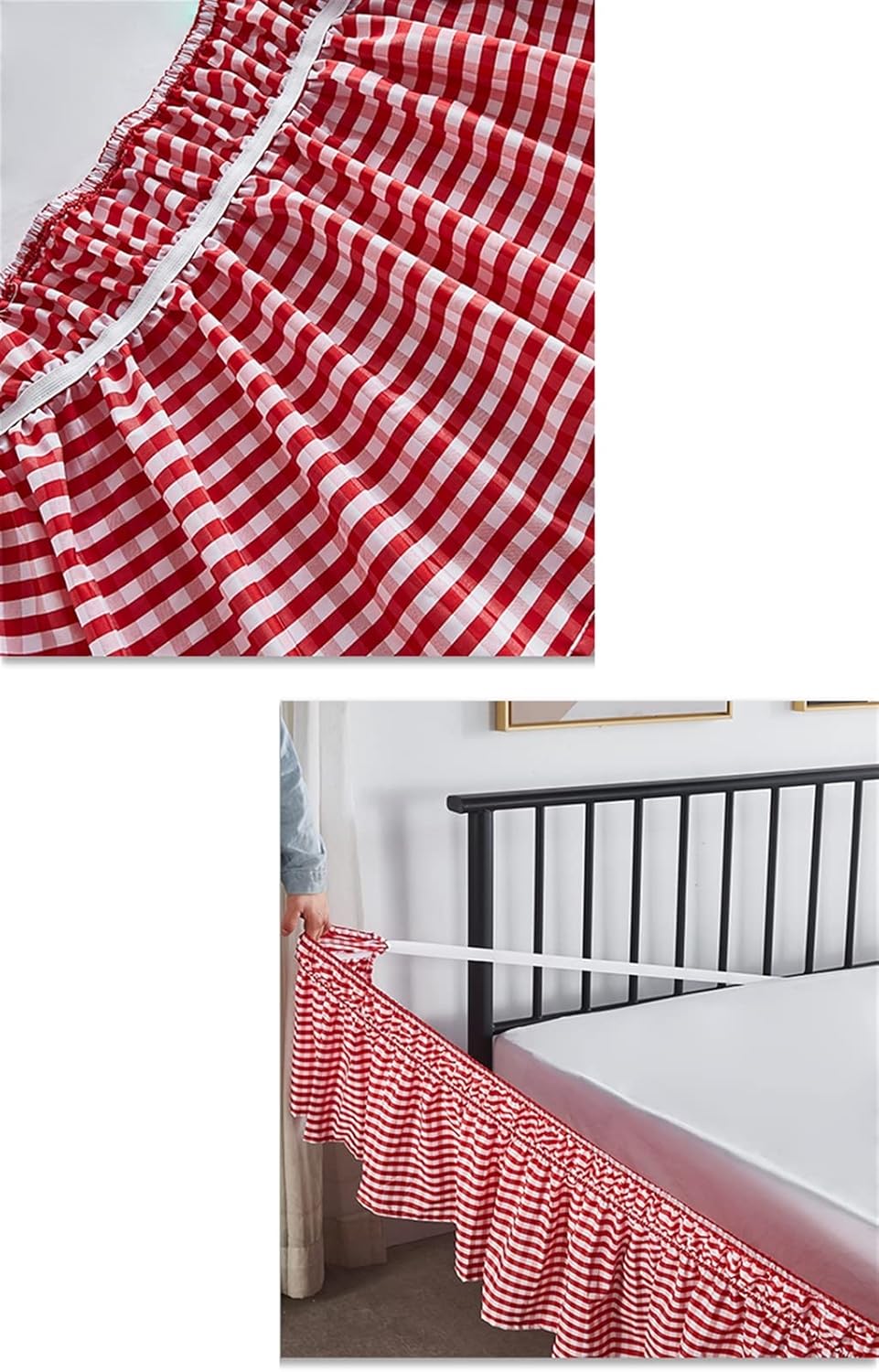 Liveinu Three Sides Wrap Around Ruffled Bed Skirt,15 Inch Drop Easy to Put On Bedskirt Elastic Dust Ruffle Bed Frame Cover for Twin, Queen,King and Full Size Beds Gingham Black Full