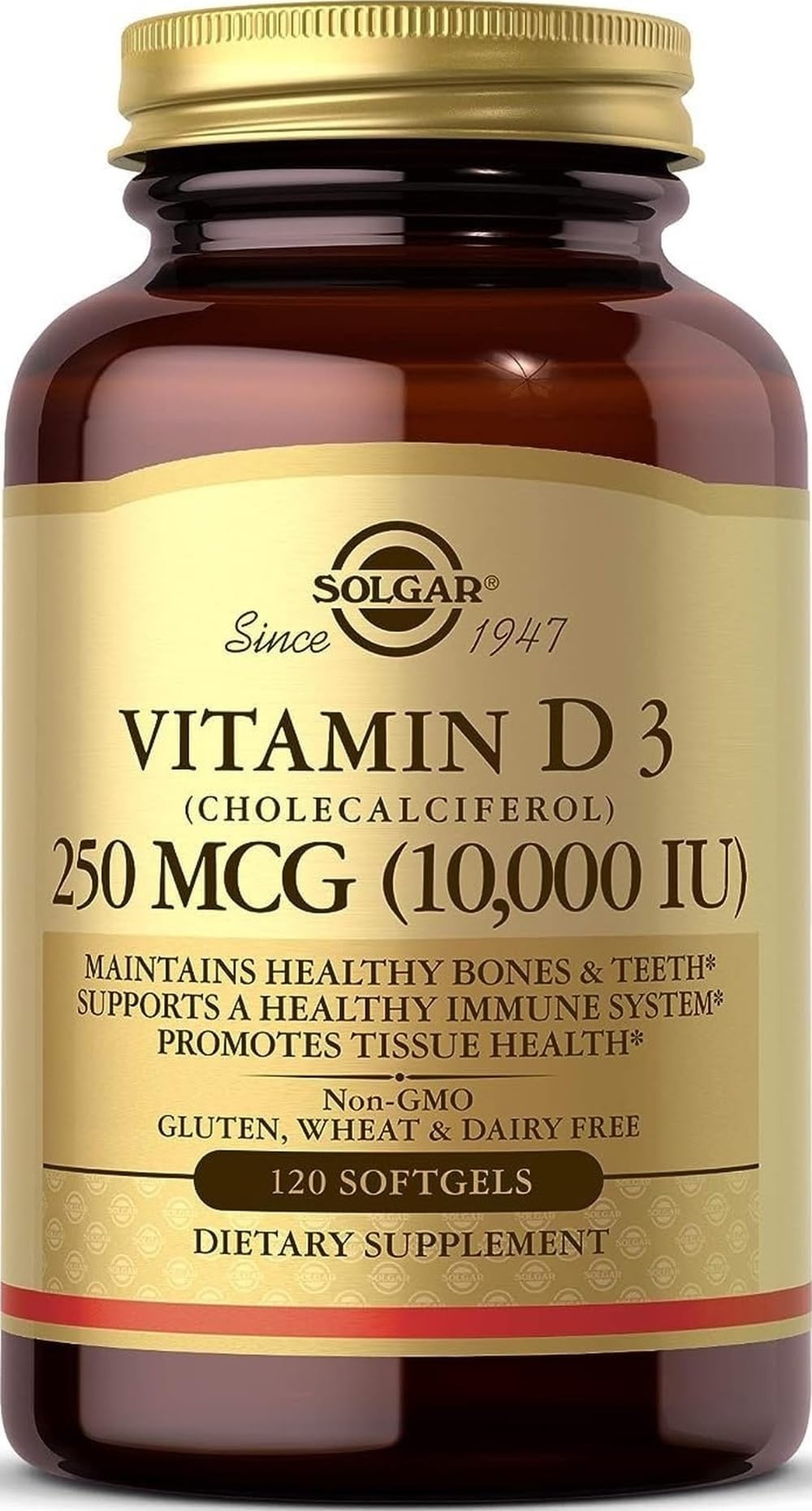 Solgar Vitamin D3 (Cholecalciferol) 250 MCG (10,000 IU), 120 Softgels - Helps Maintain Healthy Bones & Teeth - Immune System Support - Non GMO, Gluten/ Dairy Free - 120 Servings 120 Count (Pack of 1)