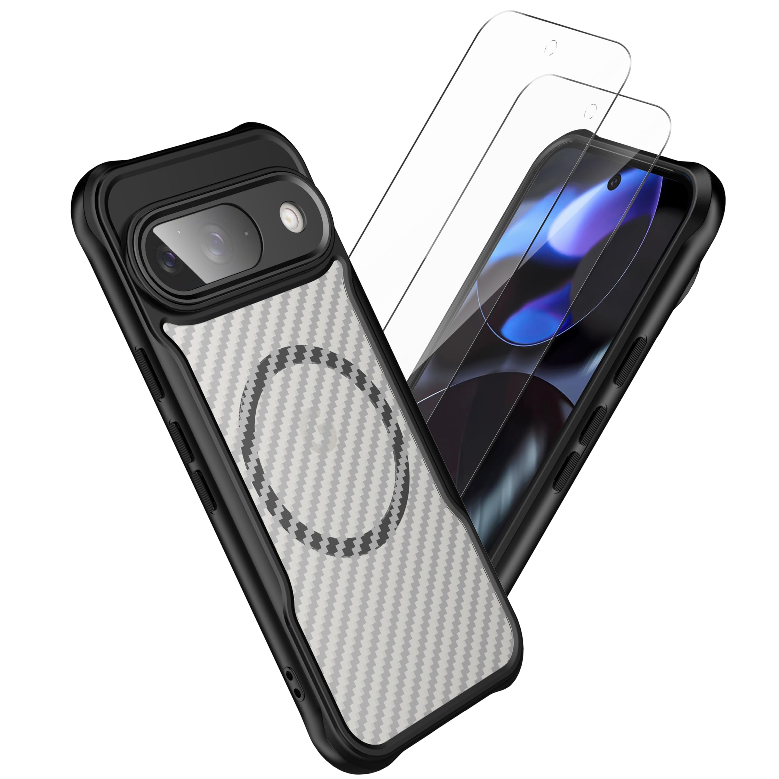 AOKUMA Magnetic Carbon Fiber Case for Google Pixel 9 Phone Case,with 2 Pack Screen Protector,Military Grade Carbon Fiber Case Cover Compatible with MagSafe for Google Pixel 9 - Black
